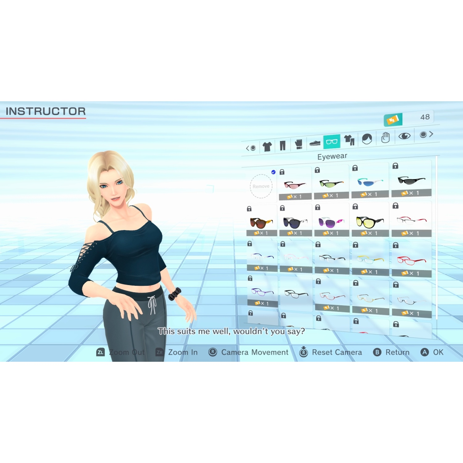 A blonde woman selects eyewear from a virtual menu.