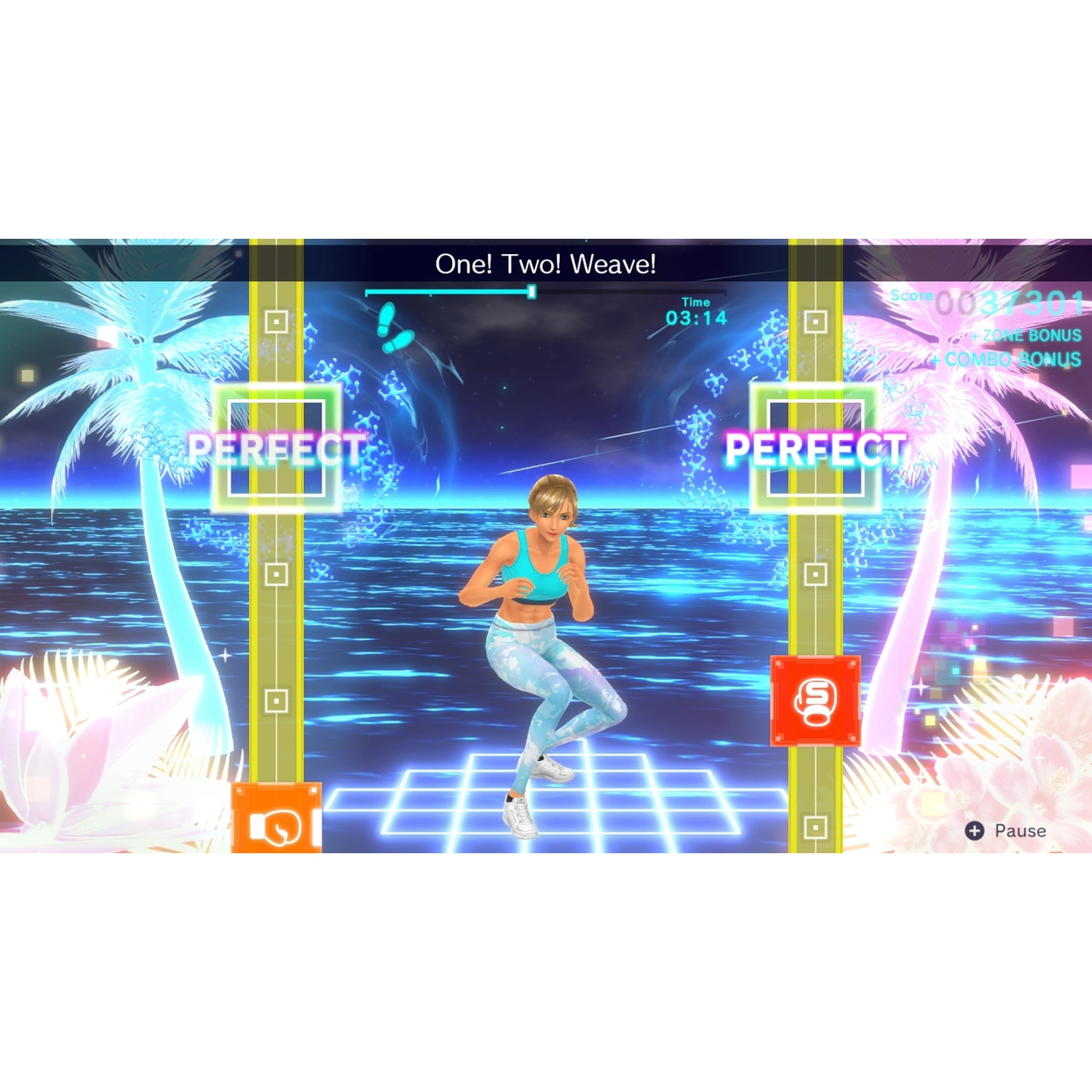 A woman in a fitness setting performing a dance move, with perfect scoring.