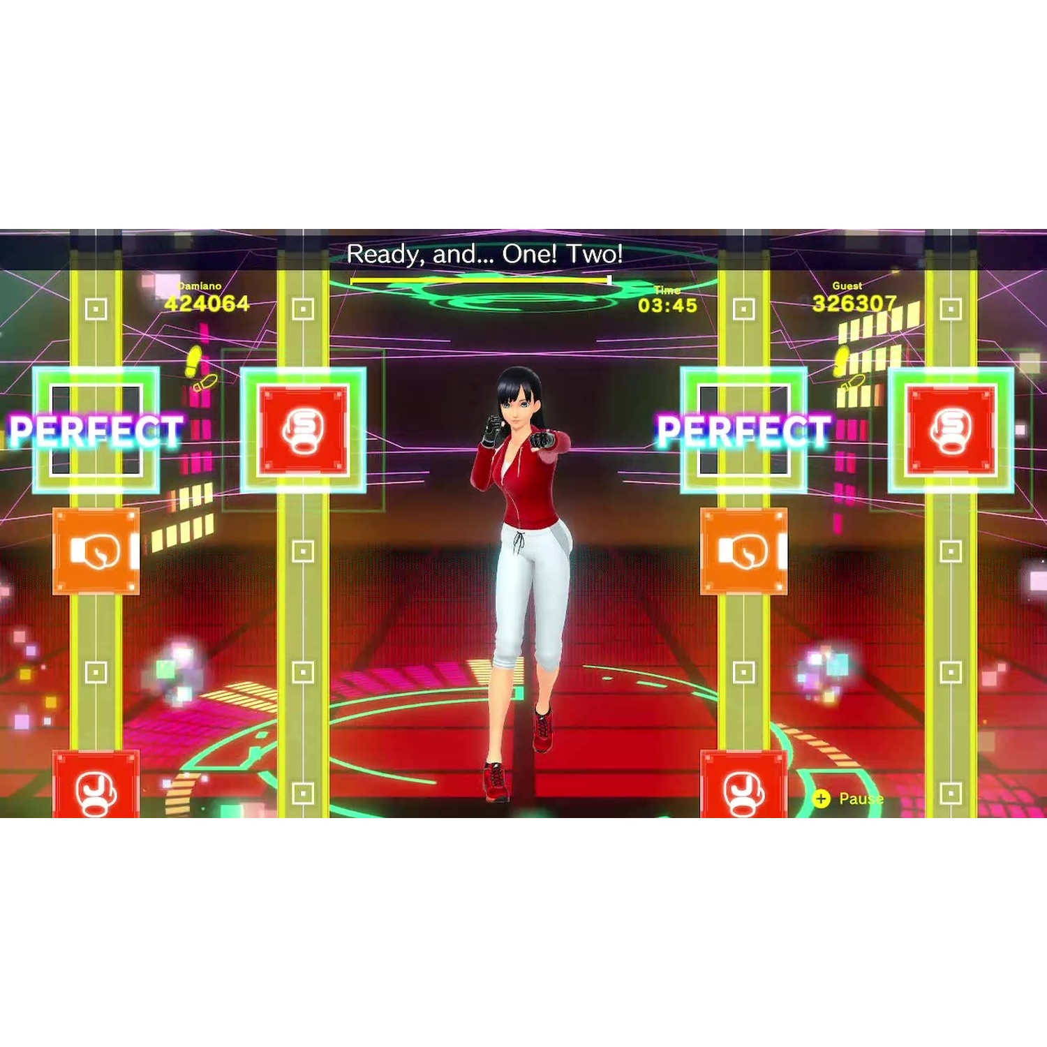 A woman in a red top and white pants plays a boxing rhythm game. Score: 424064 vs 326307. Time: 03:45.