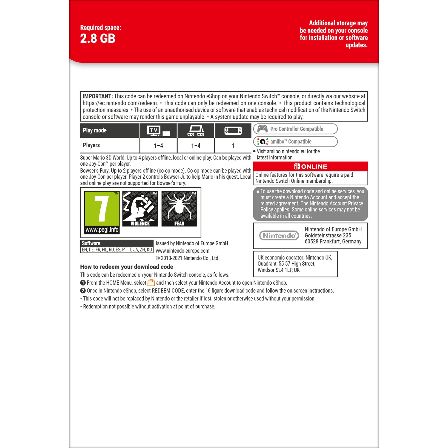 Nintendo Switch game info: 2.8 GB space, play modes, PEGI 7 rating, software languages, and redemption instructions.