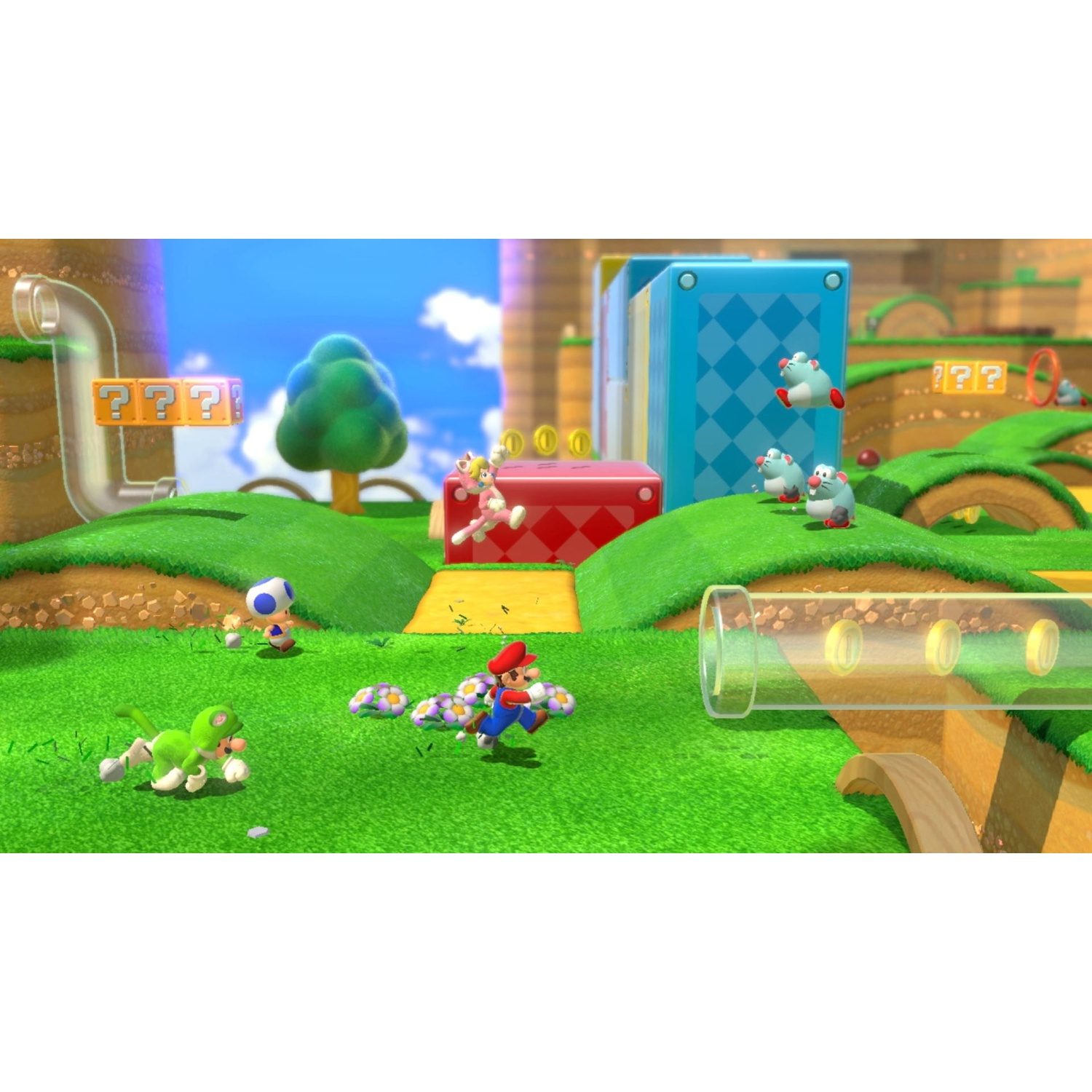 Mario and Luigi run on green grass. Rabbits jump.