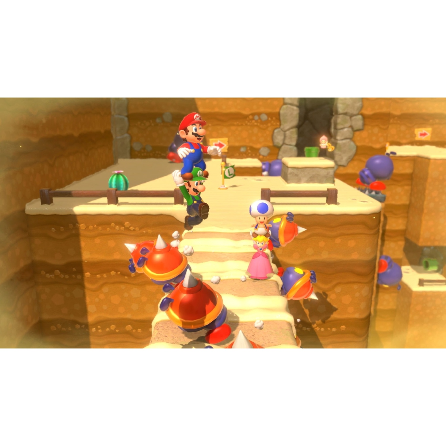 Mario and Luigi on a sandy level with enemies and Princess Peach.
