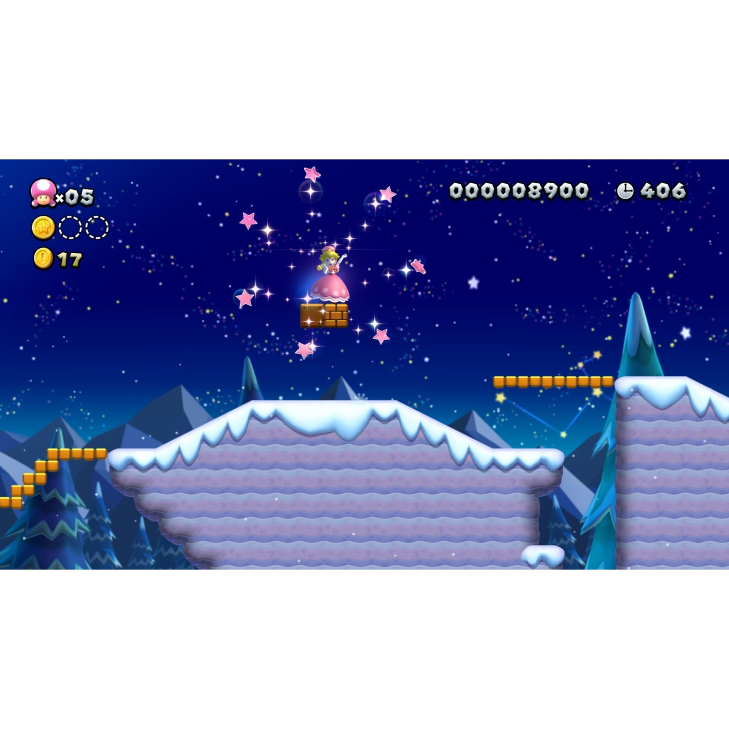 Princess Peach stands on a brick block in a starry night sky.
