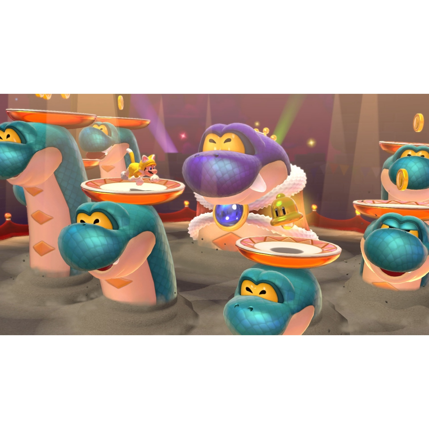 Cat Mario character on a platform next to purple and green snake creatures.