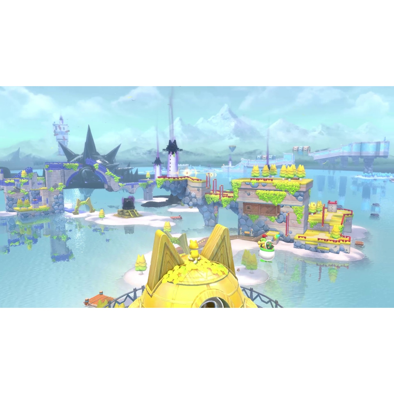 A fantasy world with floating islands connected by bridges over blue water.