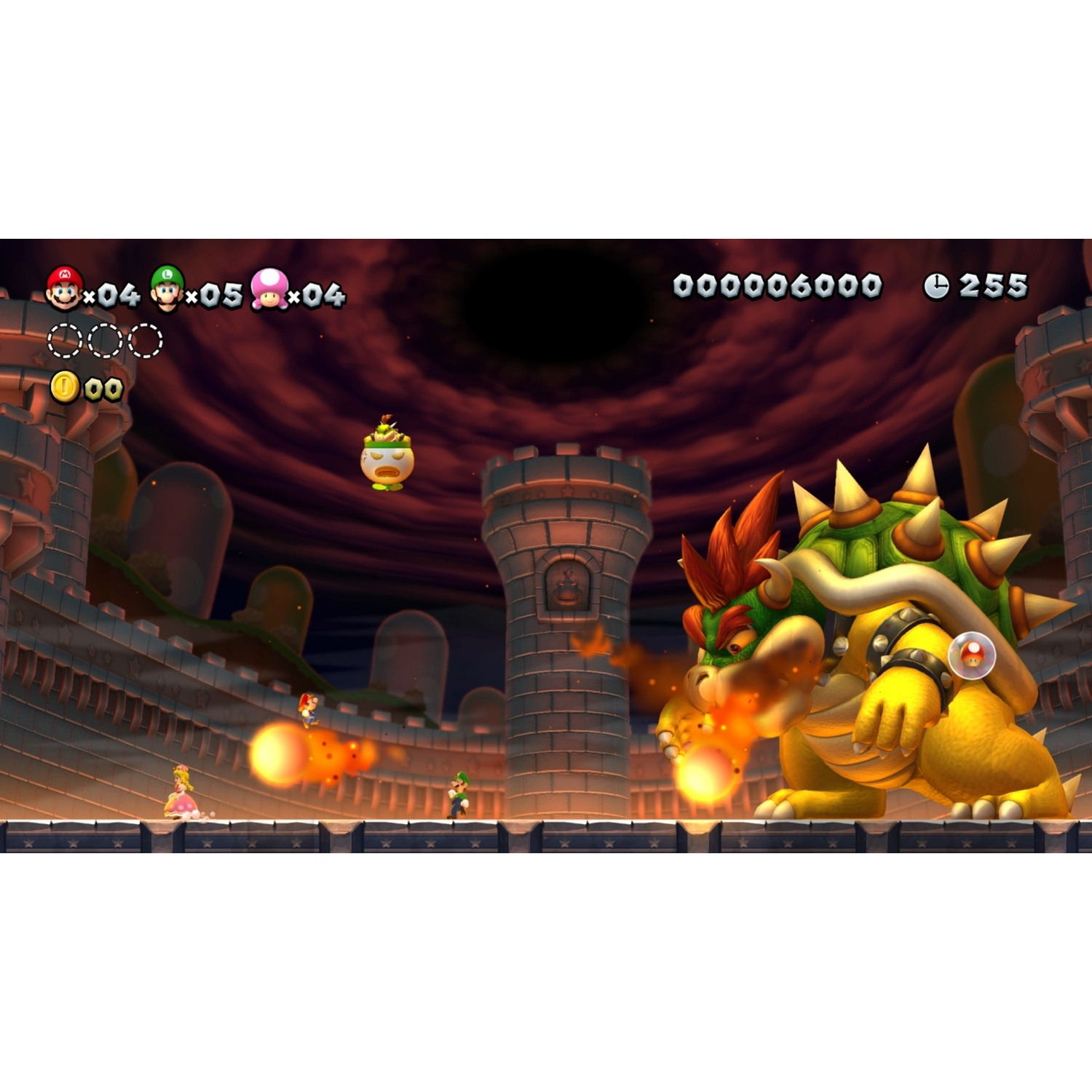 Bowser breathes fire at Princess Peach and Luigi in a castle.