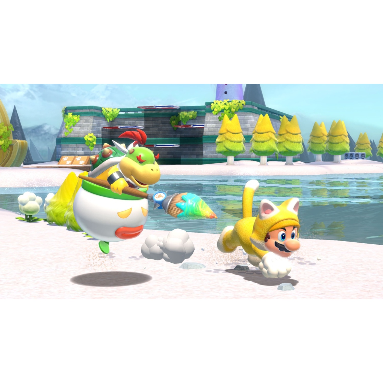 Bowser Jr. chases Cat Mario on a sandy beach with a castle and trees in the background.