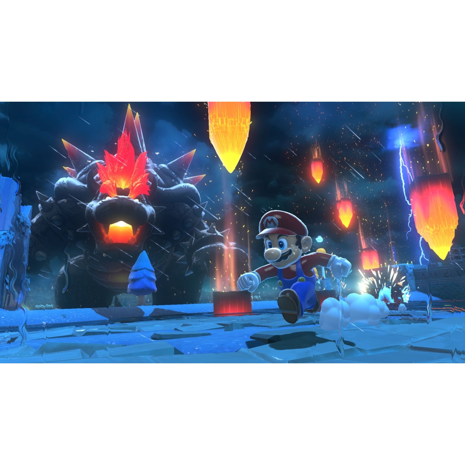 Mario runs from Bowser, who stands in the background with glowing eyes and red flames on his head.
