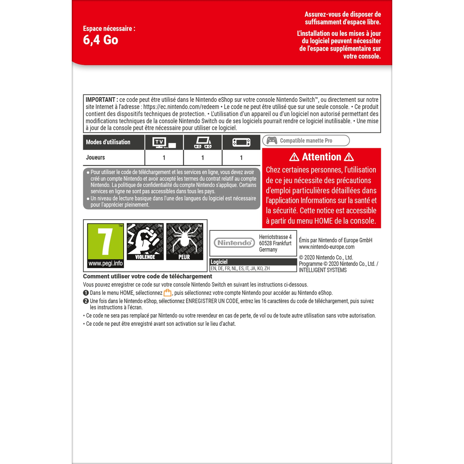 Nintendo Switch eShop code page with system info, PEGI rating, and instructions.