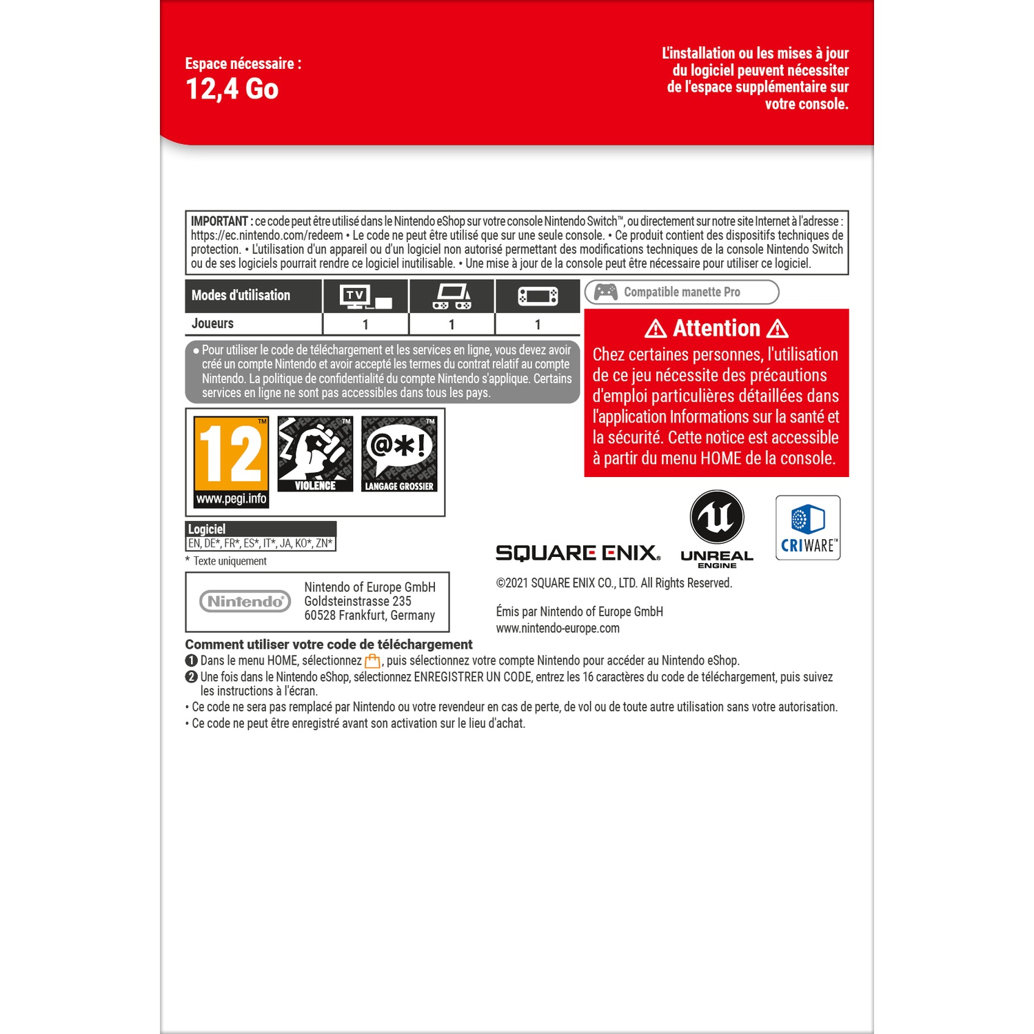 Nintendo Switch game info with PEGI 12, Square Enix, Unreal Engine logos.