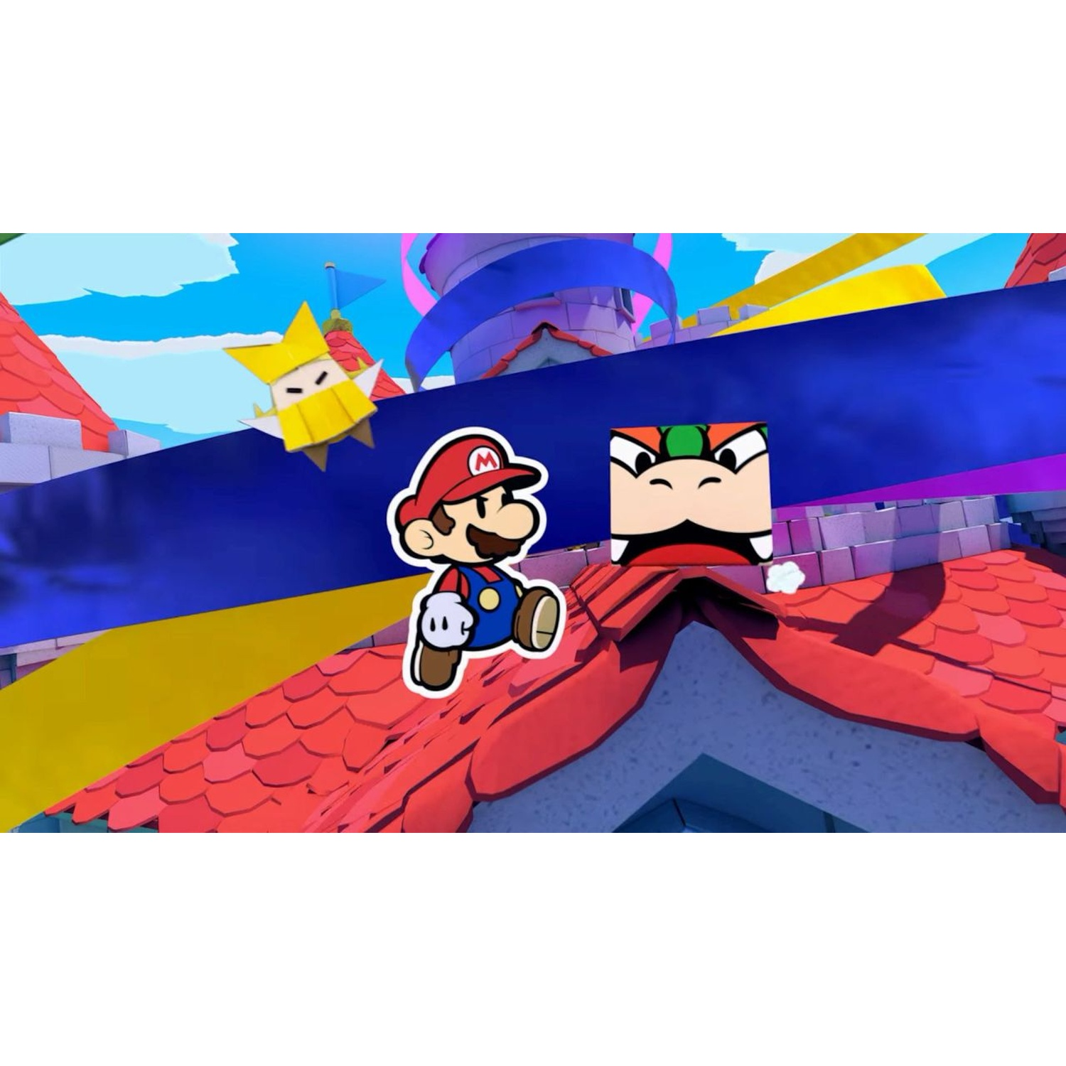 Mario and a star on a red roof, with a colorful background.