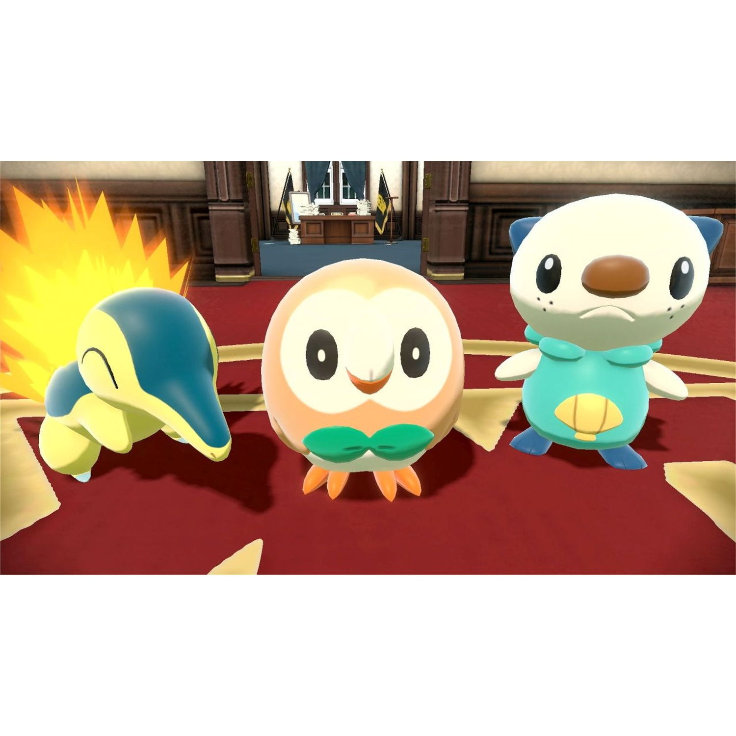 Three Pokémon stand on a red carpet in a room with wooden furniture.