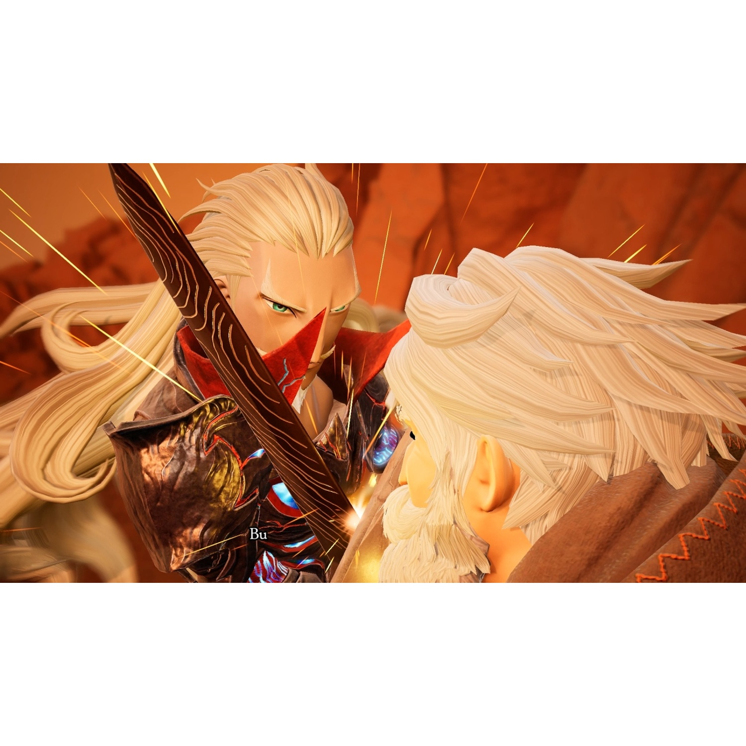 Two men with blonde hair fight with swords in a rocky environment.