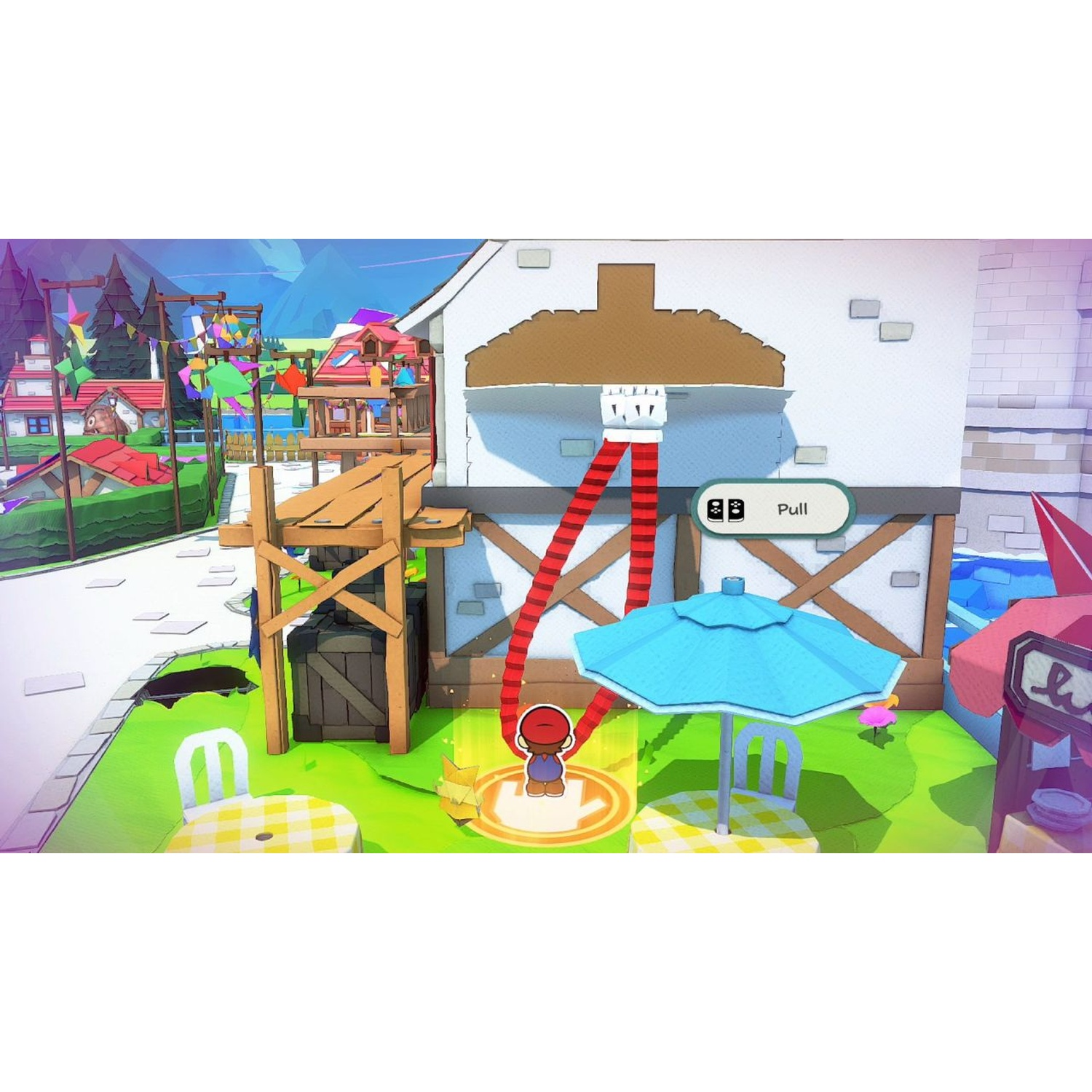 A character with a red hat stands on a yellow circle before a blue umbrella.