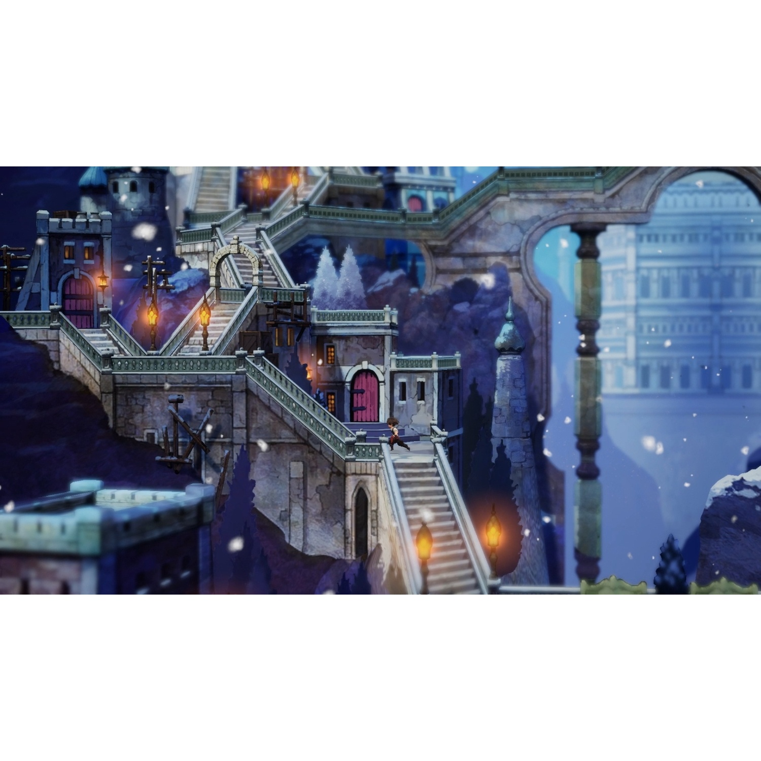 A character runs up stone stairs in a snowy castle.