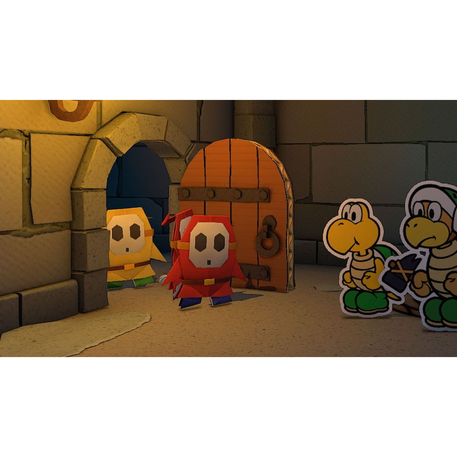 Paper characters Shy Guy and Koopa Troopa stand before a wooden door in a stone room.