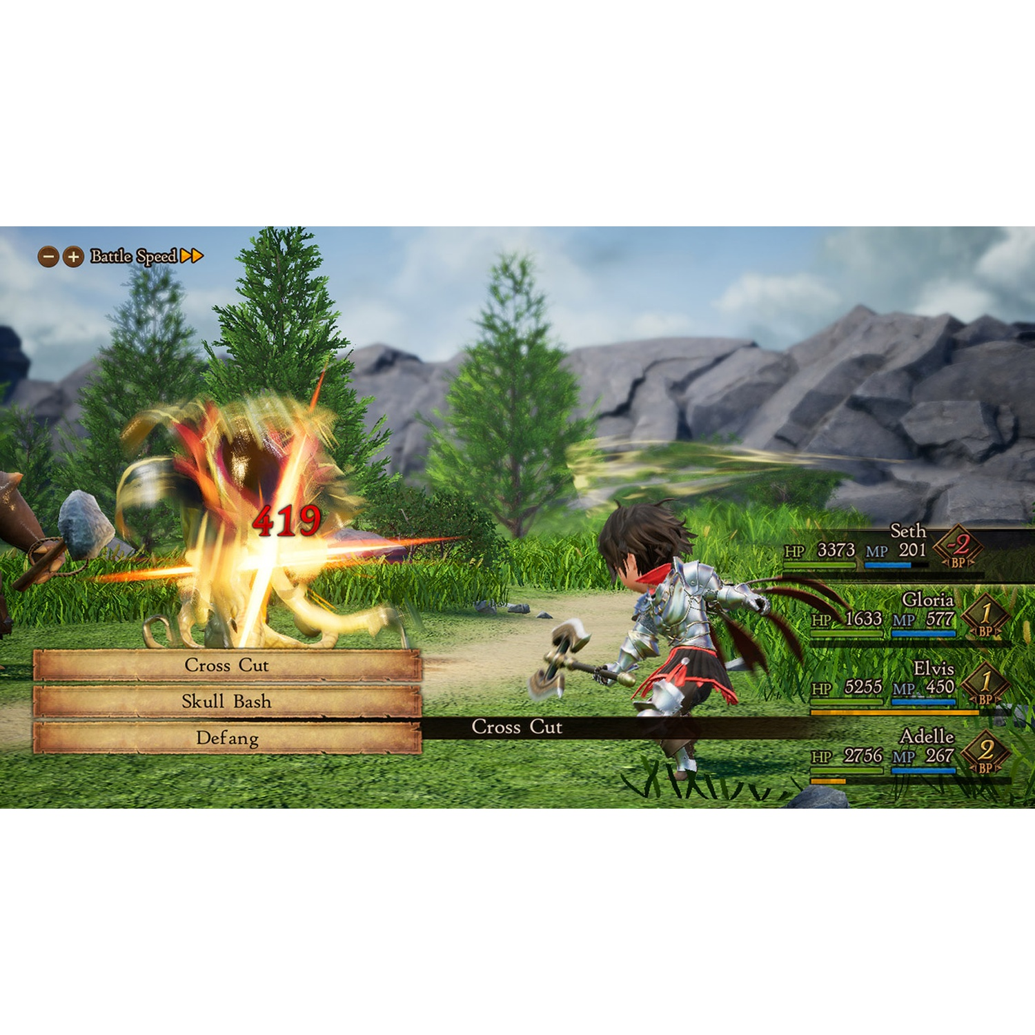 Armored character attacks, battle menu with options displayed.