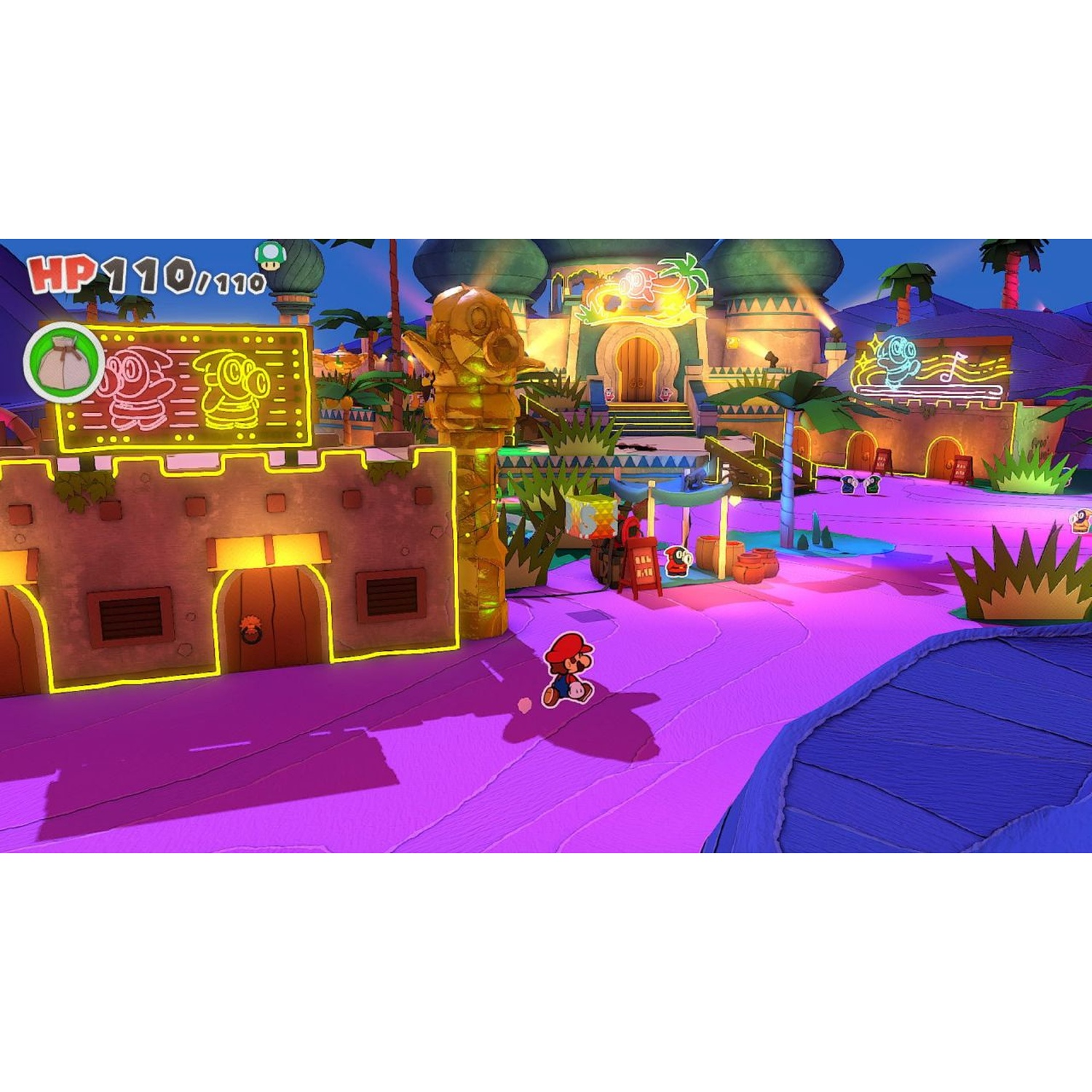 Mario walks on a purple path toward a building with neon lights.