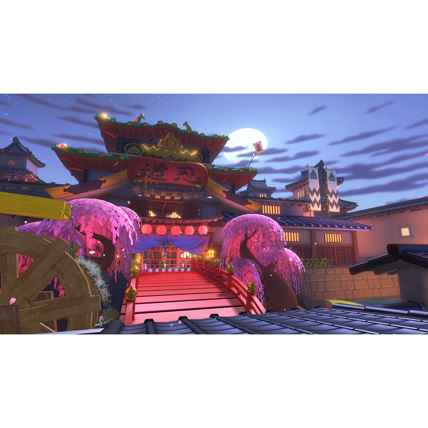 A Japanese temple at night with cherry blossoms and a full moon.