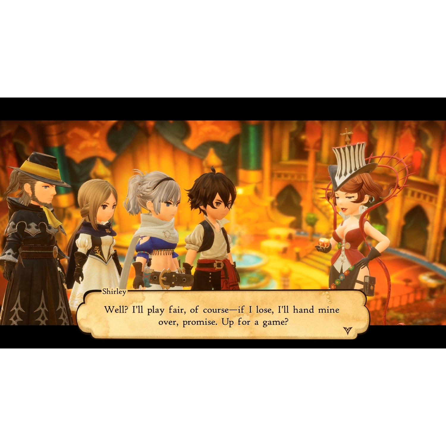 Five animated characters stand in an opulent room. A woman with a whip speaks.