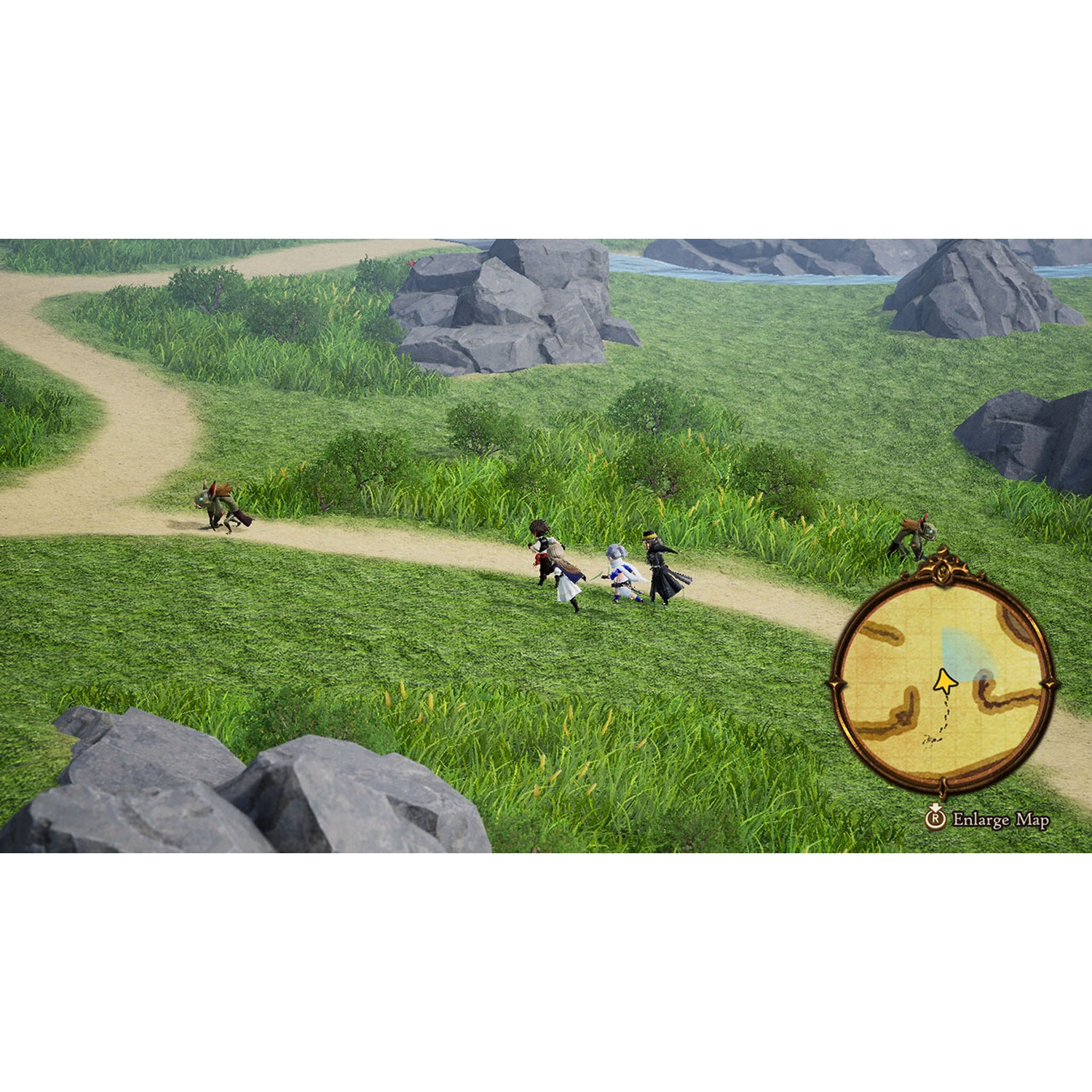 Four characters walk on a dirt path through a grassy field, with a map on the right.