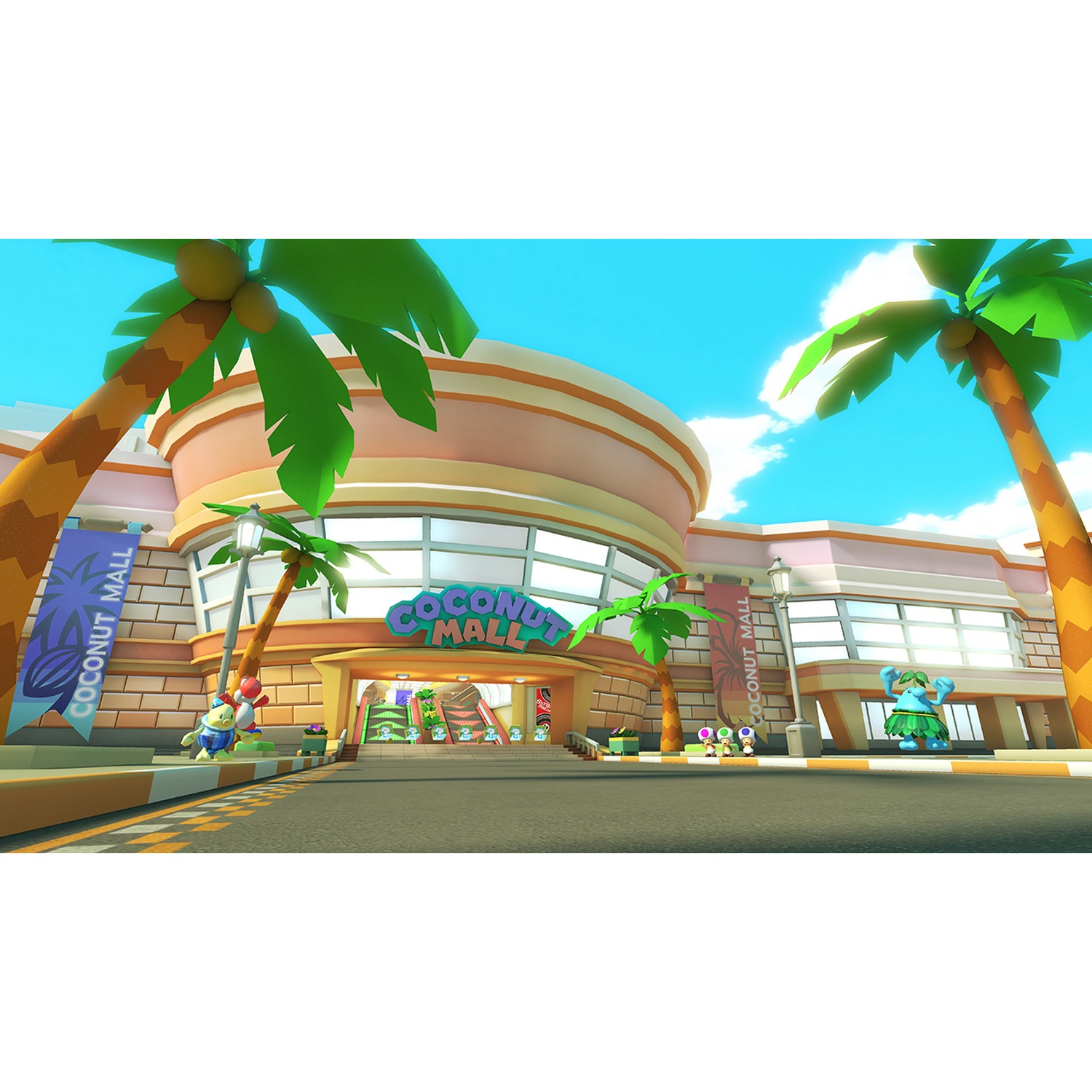 The Coconut Mall is a shopping center with palm trees and characters at the entrance.