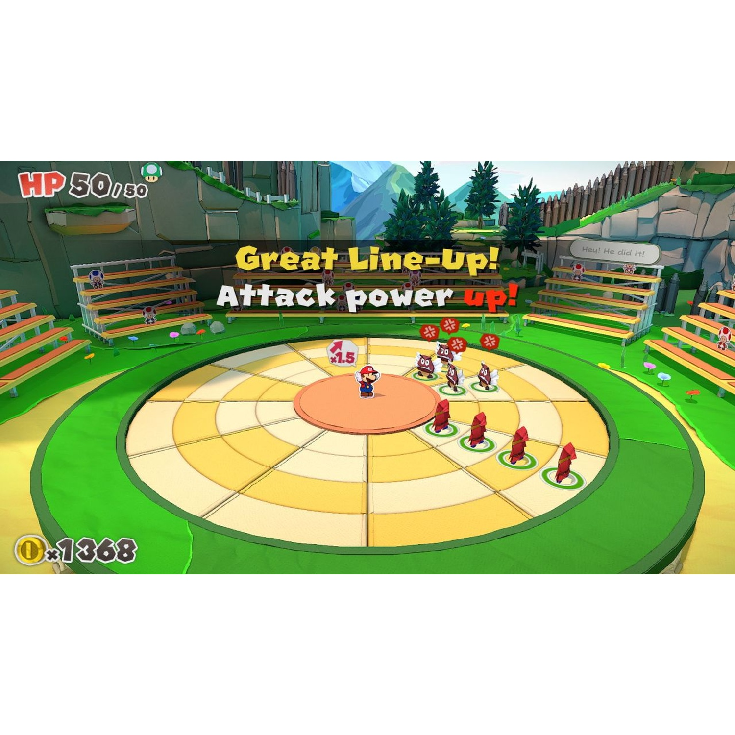 Mario game scene: Mario on circular stage, 50 HP, 1368 coins. Text: Great Line-Up! Attack power up!