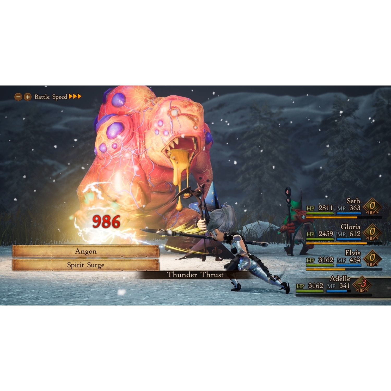 A player attacks a large red monster enemy in a snowy environment.