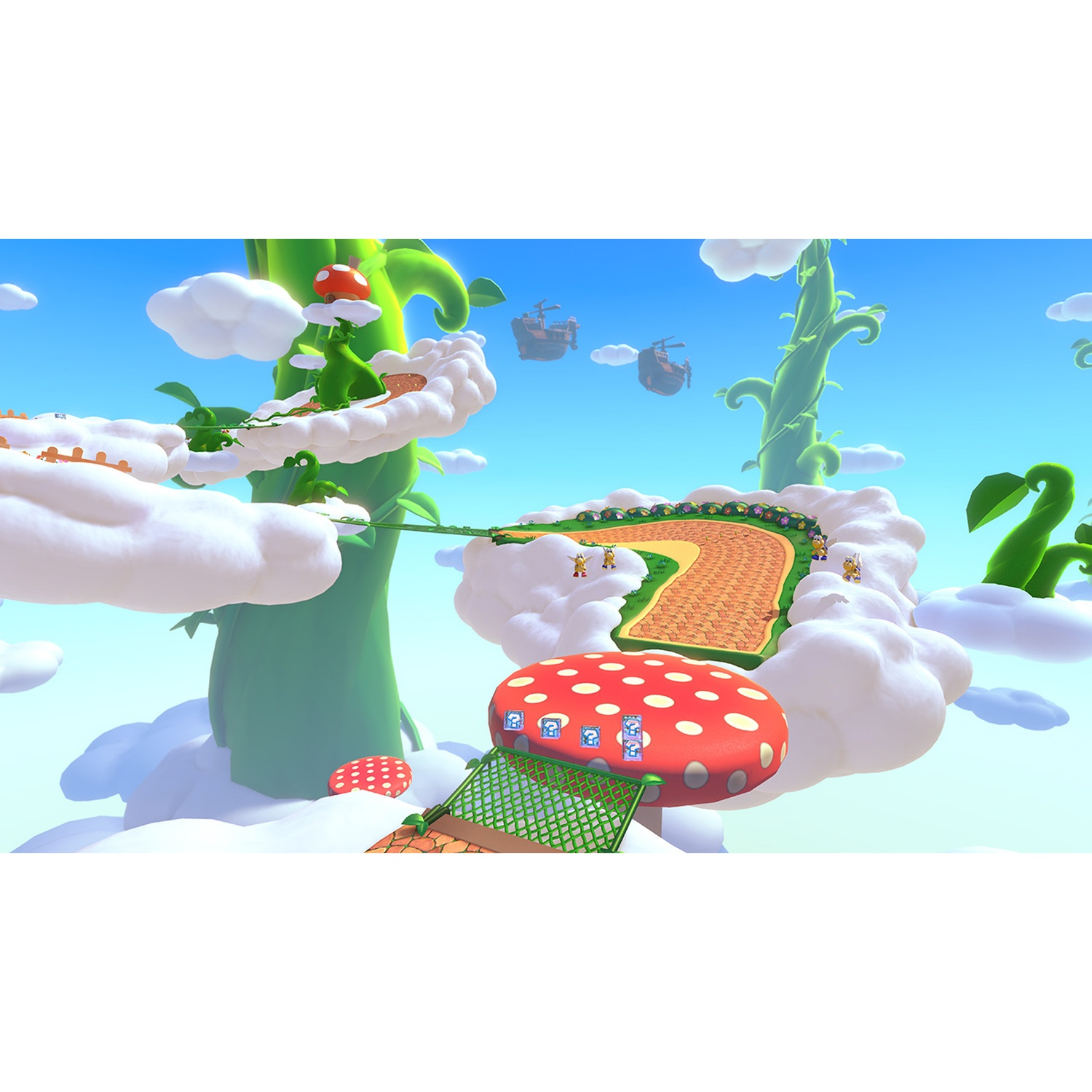 Colorful cloudscape with giant green beanstalks and mushrooms.