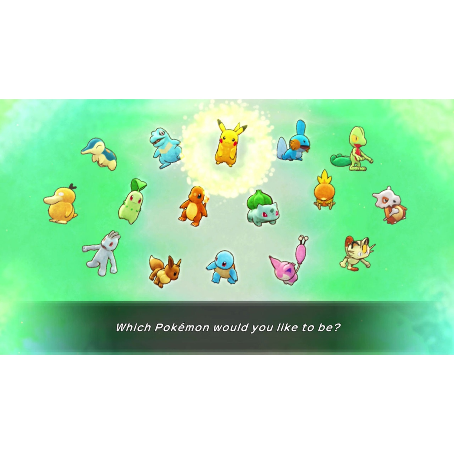 Various Pokémon are gathered on a blurred background. Text at bottom reads 'Which Pokémon would you like to be?'.