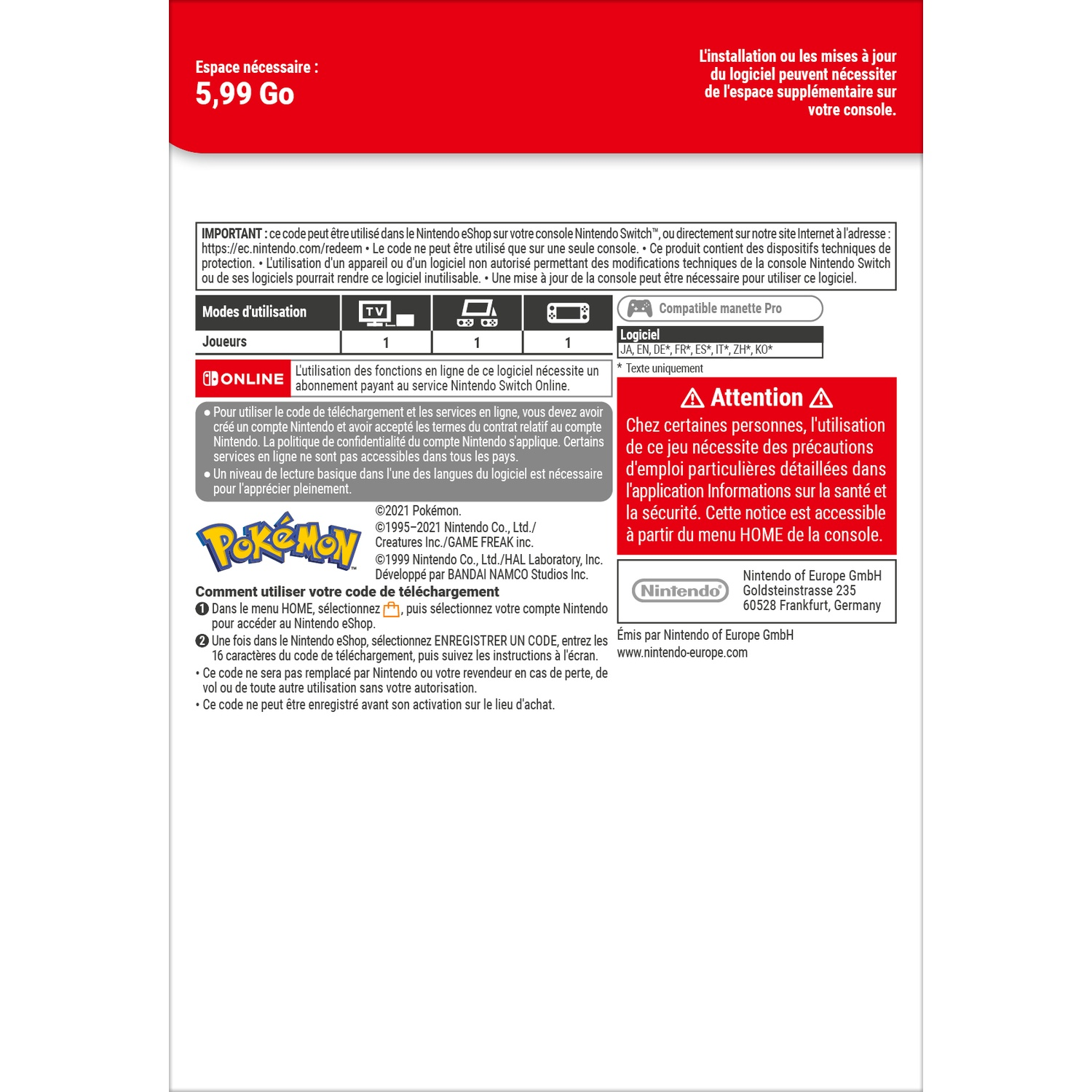 Nintendo Switch eShop code info: storage, play modes, languages, and warnings.