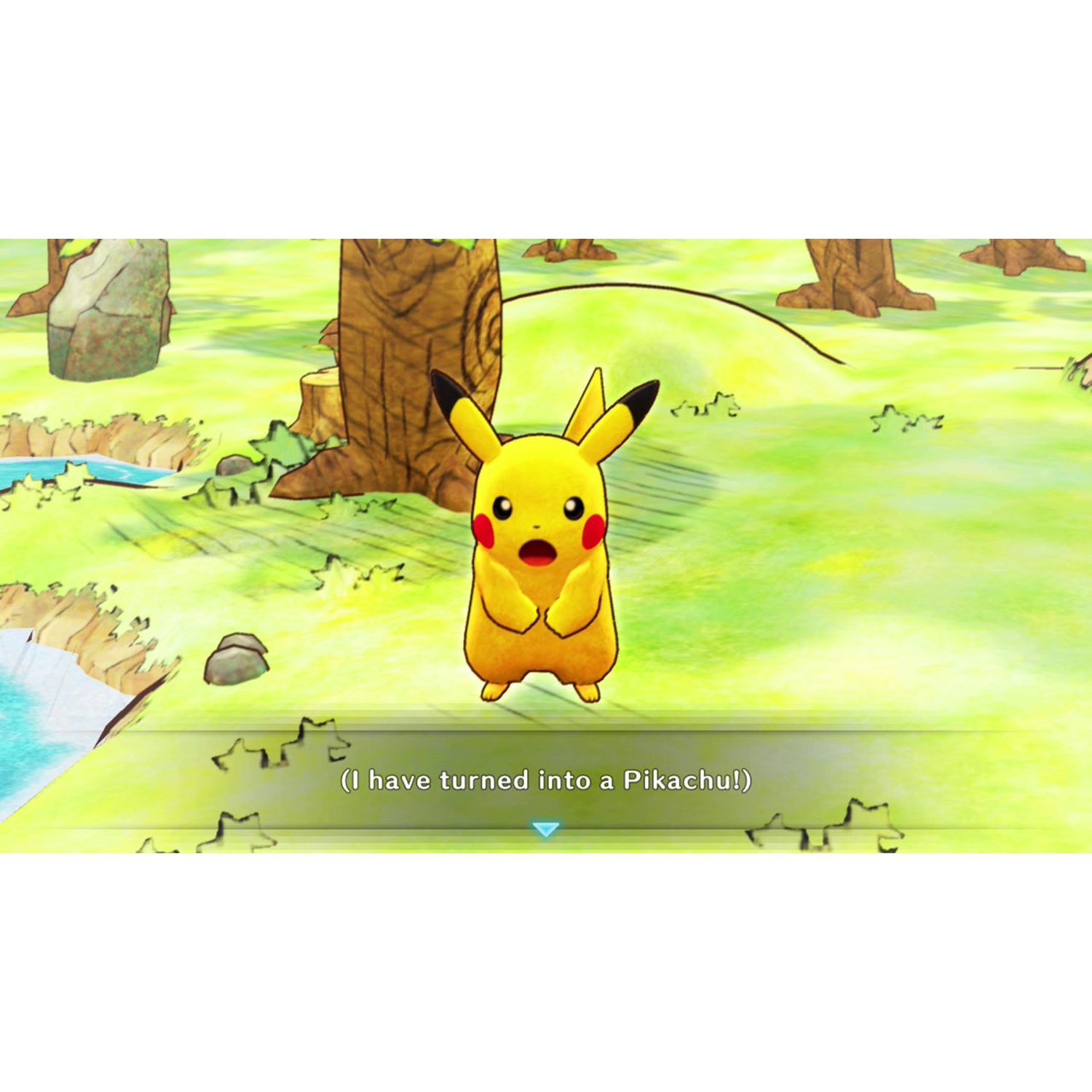 A yellow Pikachu stands in a green landscape with trees and water.