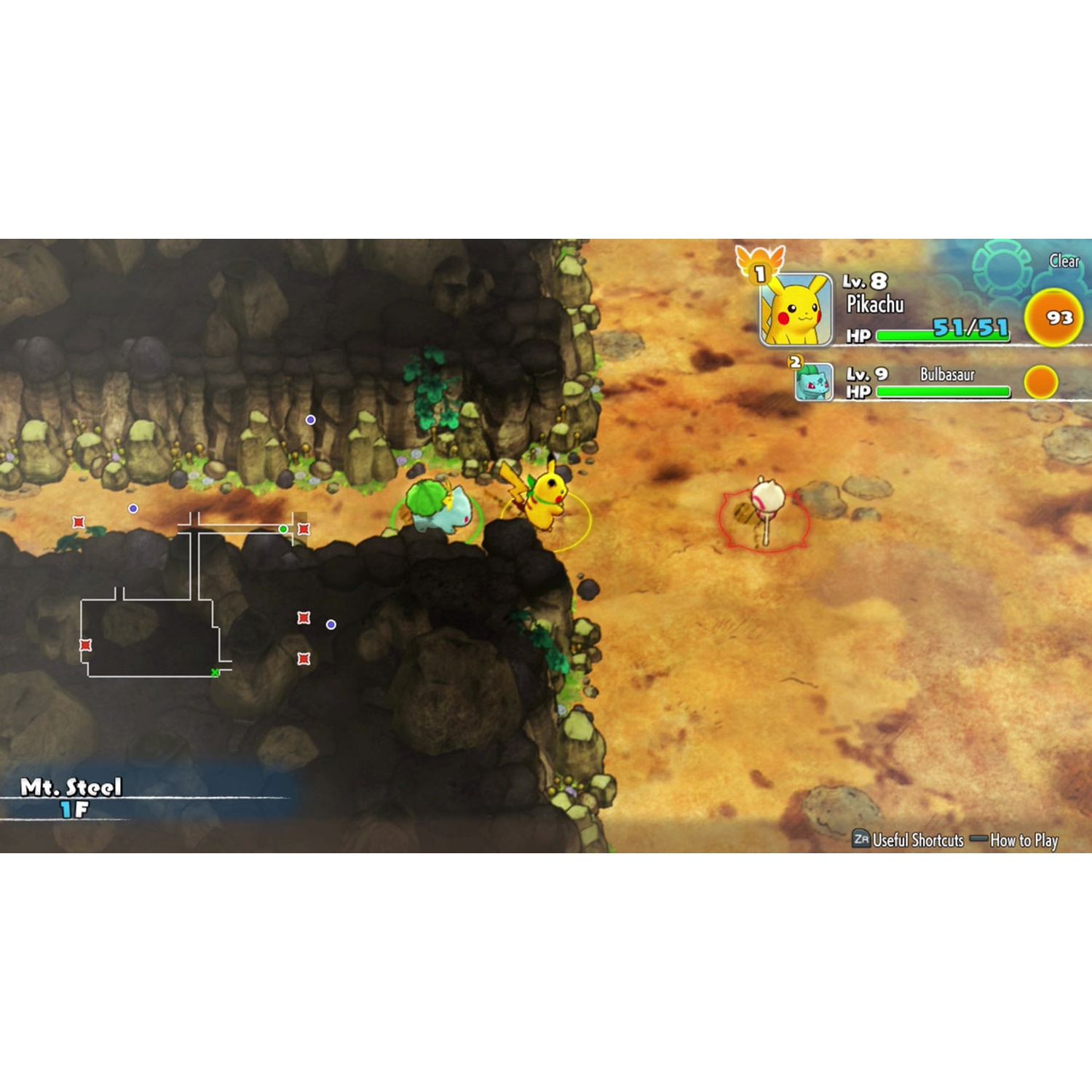 Pikachu and Bulbasaur battle in a rocky, desert-like area. Mt. Steel, 1F is displayed.