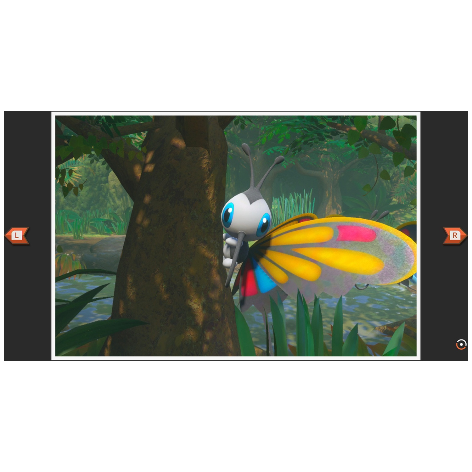 A butterfly with colorful wings hides behind a tree in a forest.