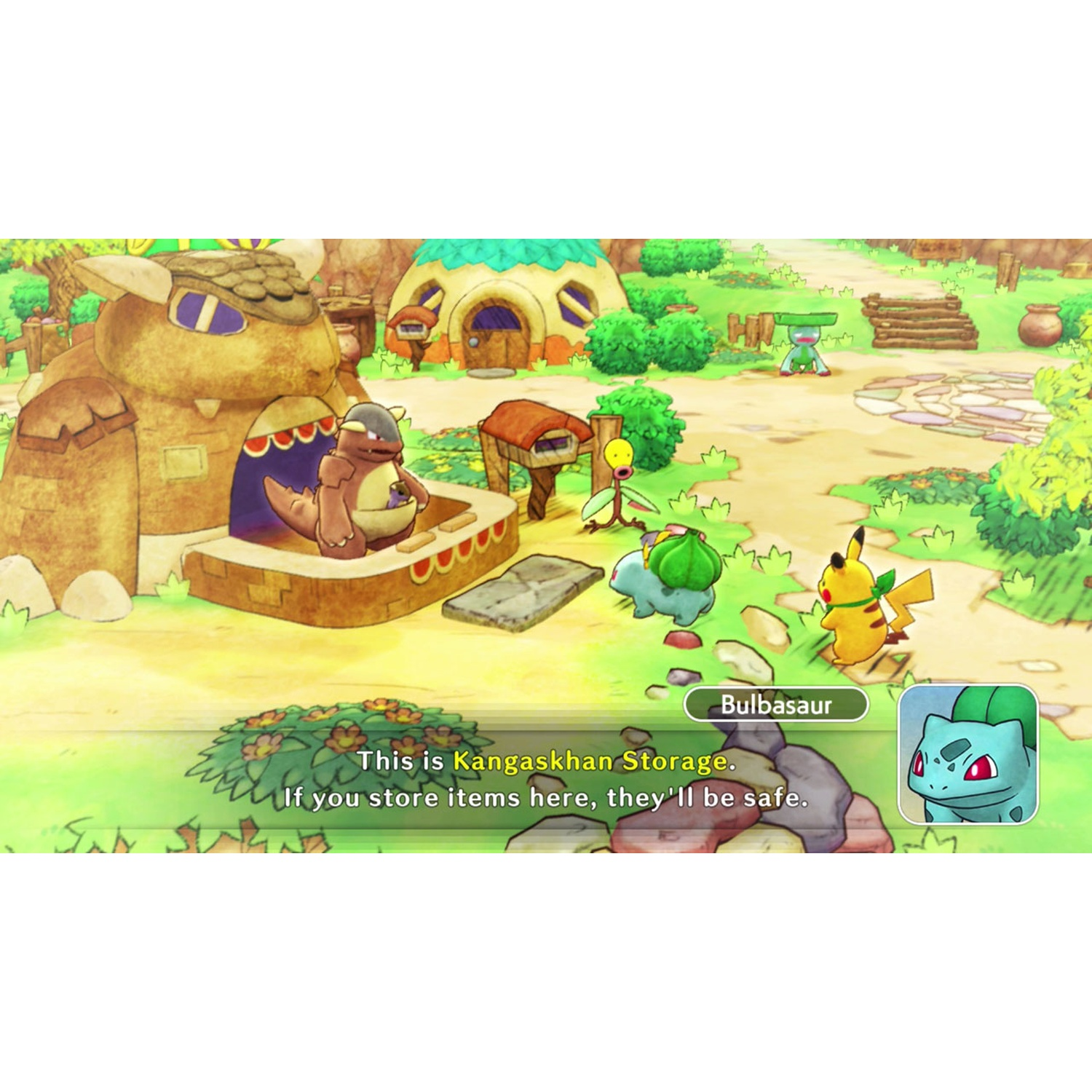 A Pokemon village with Kangaskhan storage, Pikachu, Bulbasaur, and other Pokemon.
