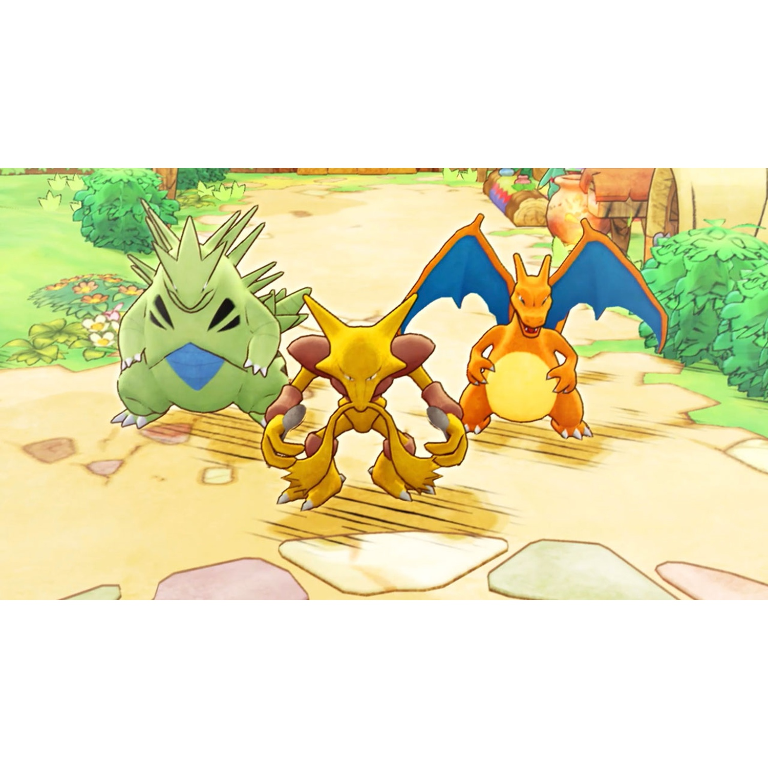 Three Pokémon: a green spiky one left, yellow in middle, orange with blue wings right.