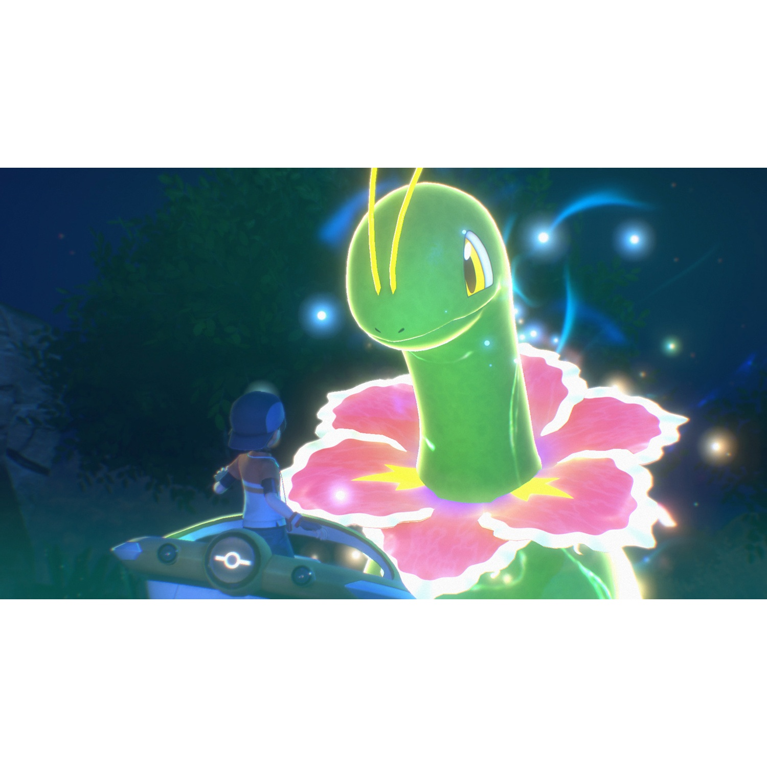 A green Pokemon character with a pink flower and a player on a vehicle.