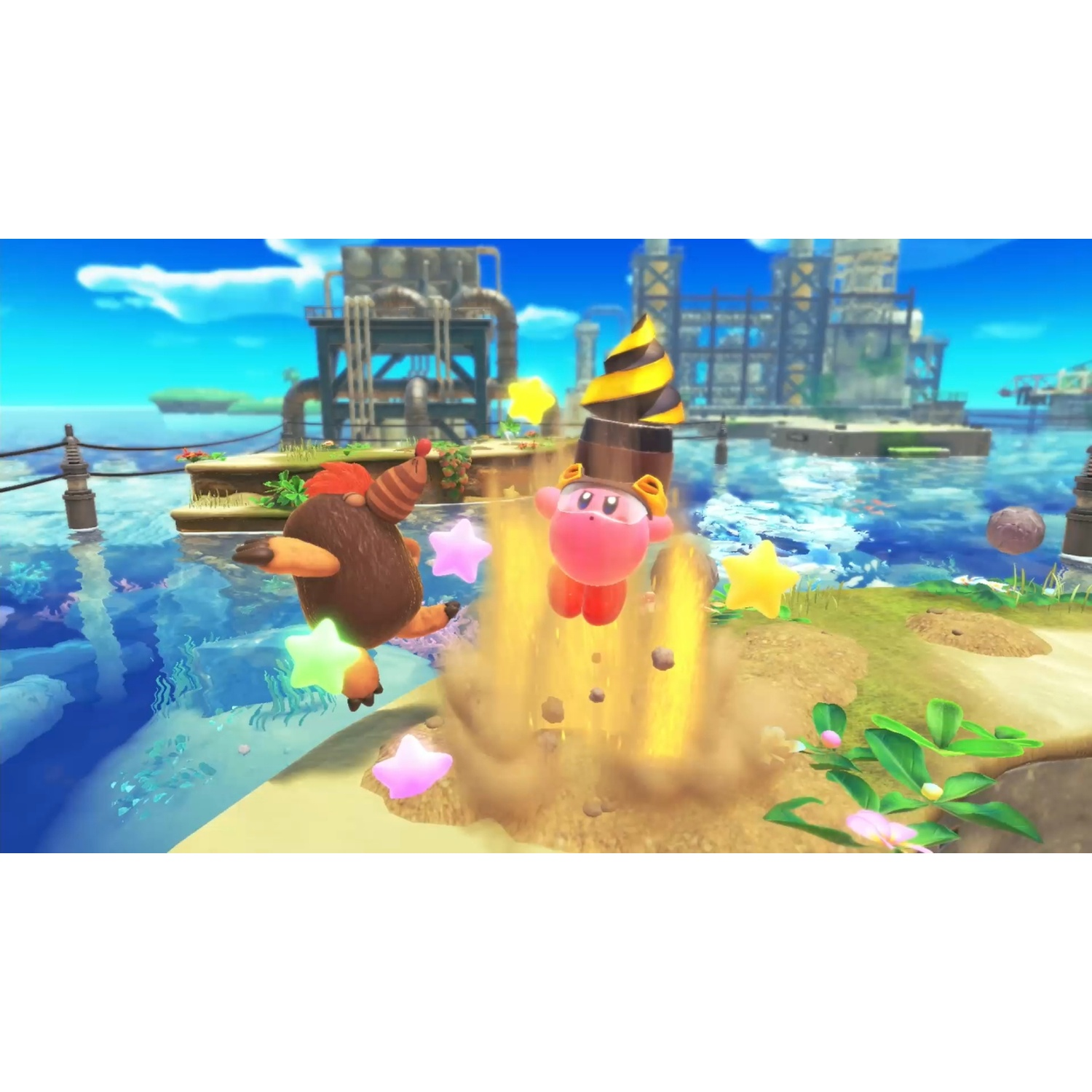 Pink character with a cone hat and brown creature jump near water. Industrial buildings in background.