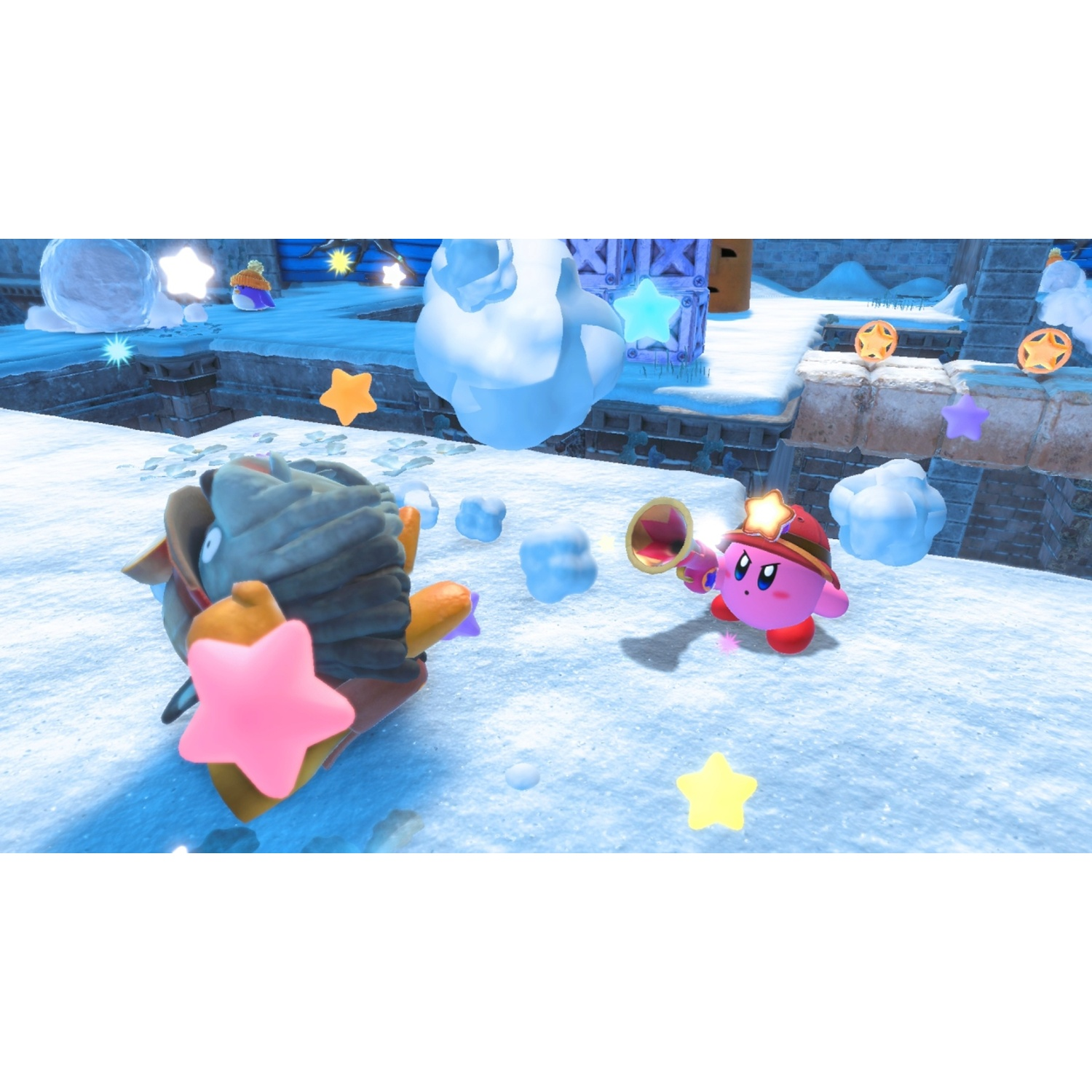 Kirby character in a red hat and cape plays a horn on a snowy landscape.