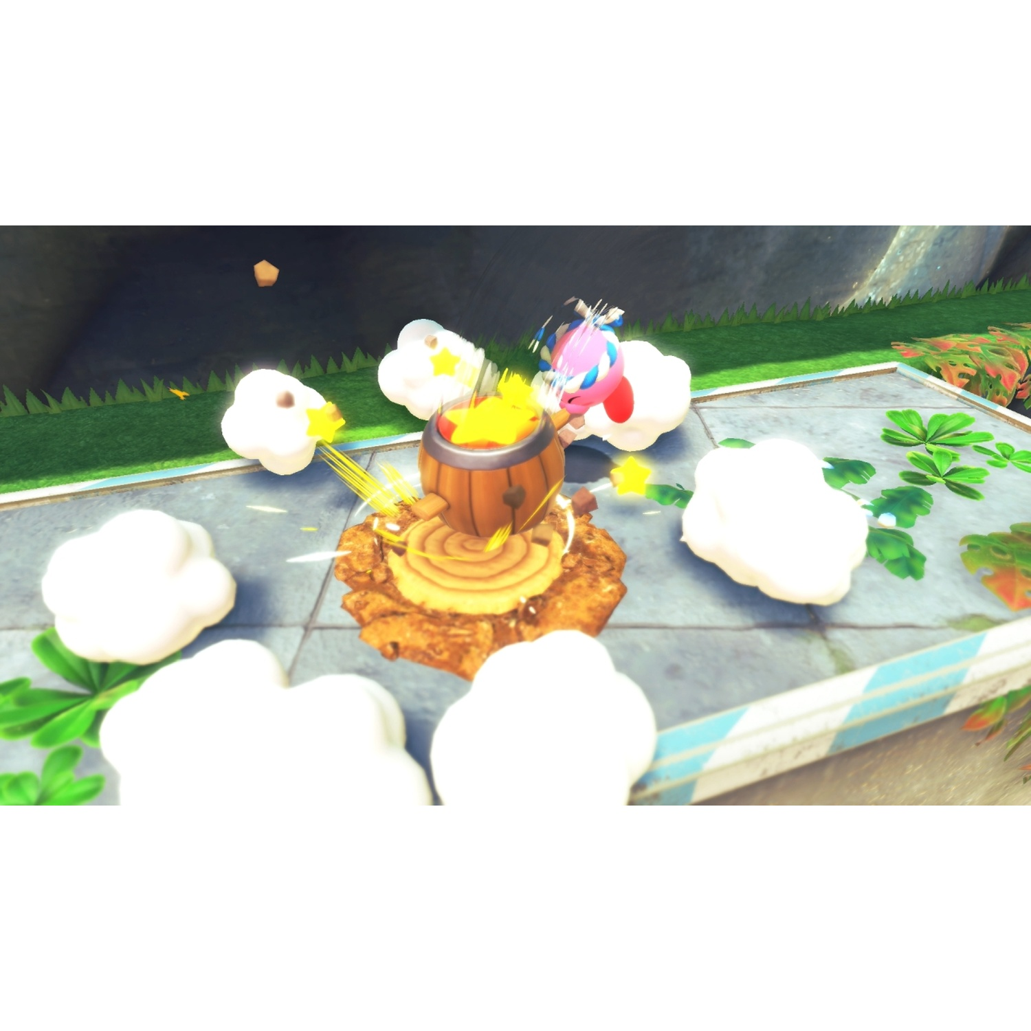 A pink character with blue accents jumps from a wooden barrel expelling stars.