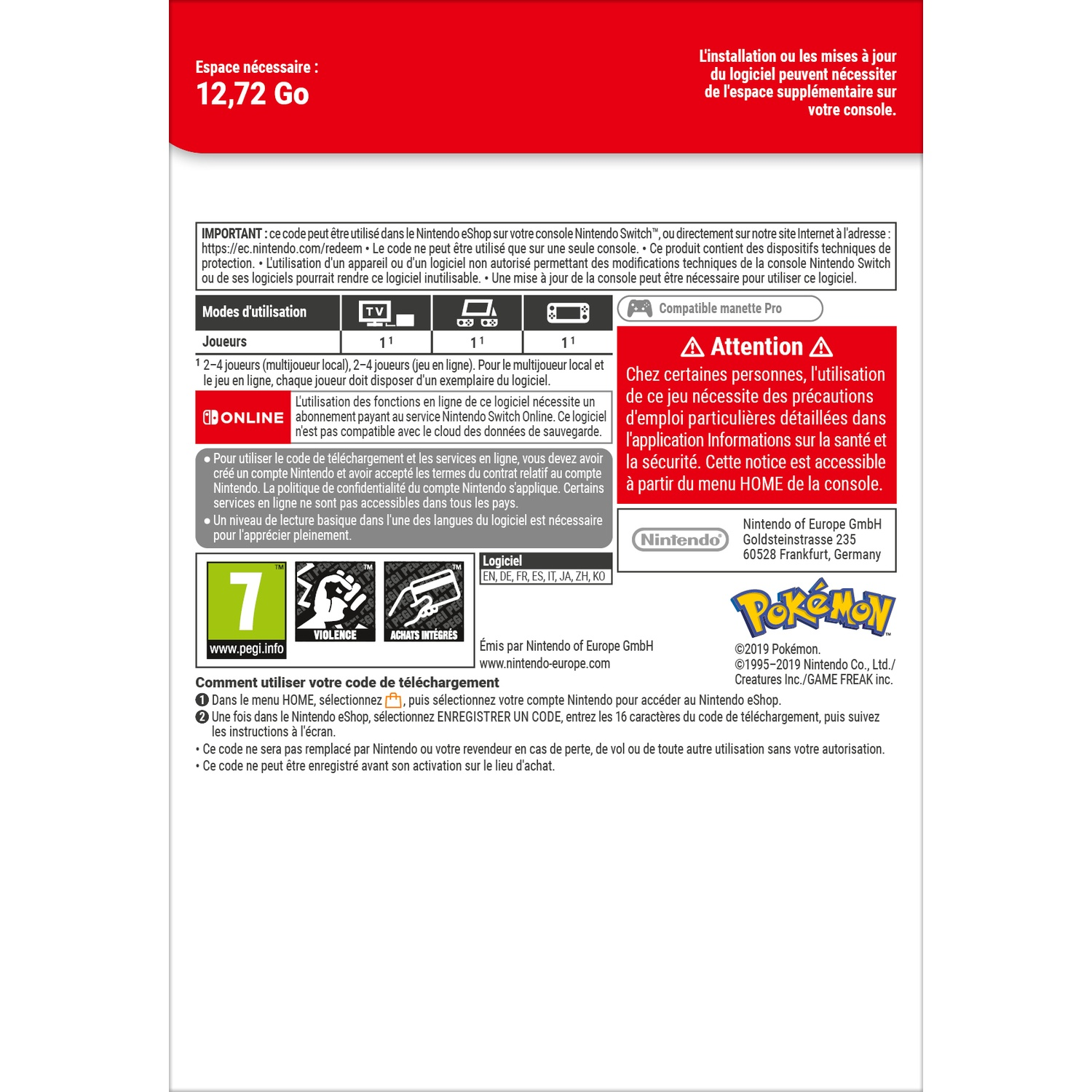 Required space: 12.72 GB. Health and safety notice. PEGI 7 rating. Pokémon logo.
