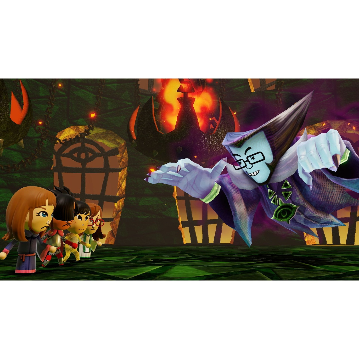 A group of cartoon characters faces an evil wizard emitting fire and smoke.
