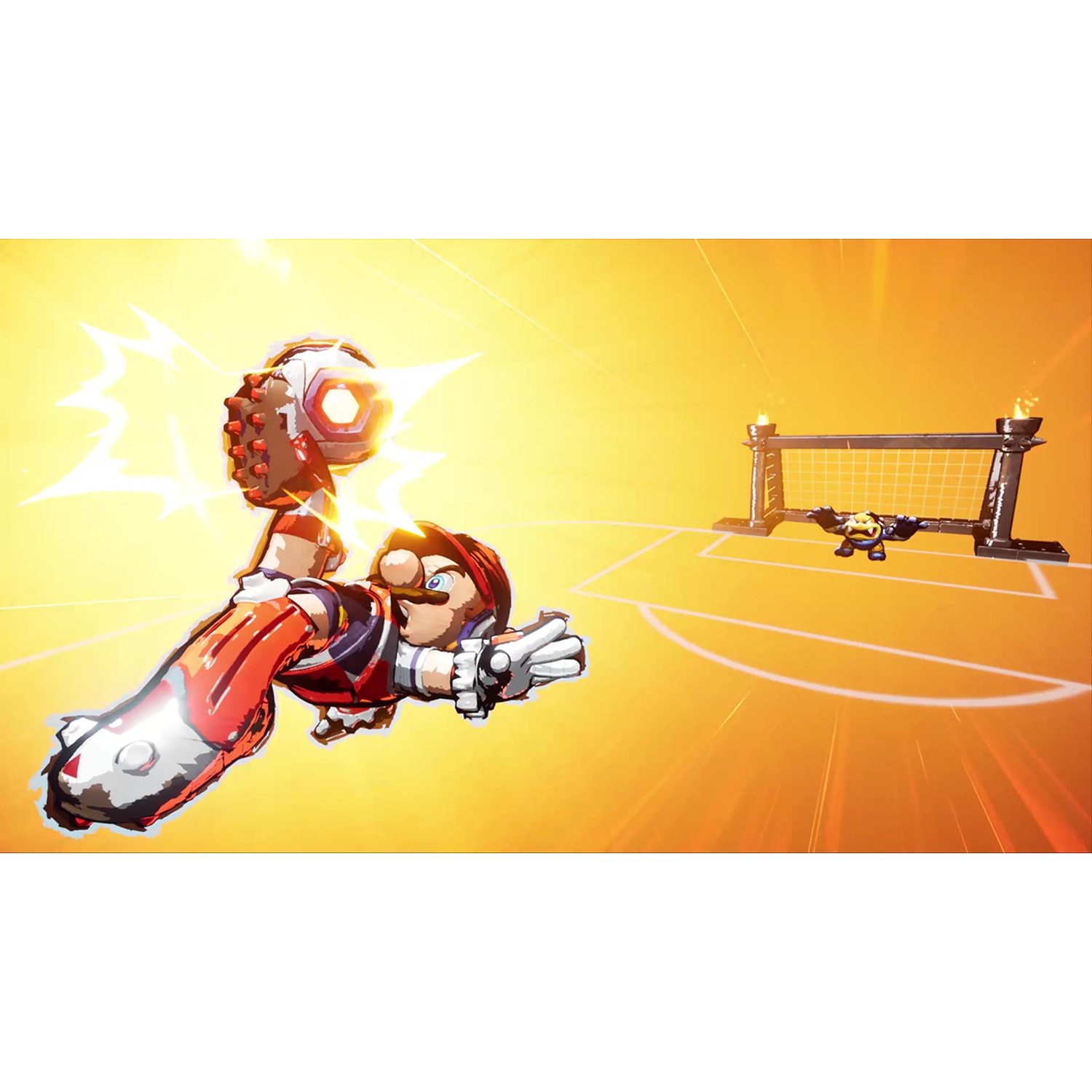 Mario kicks a soccer ball over a net on an orange court with a yellow background.