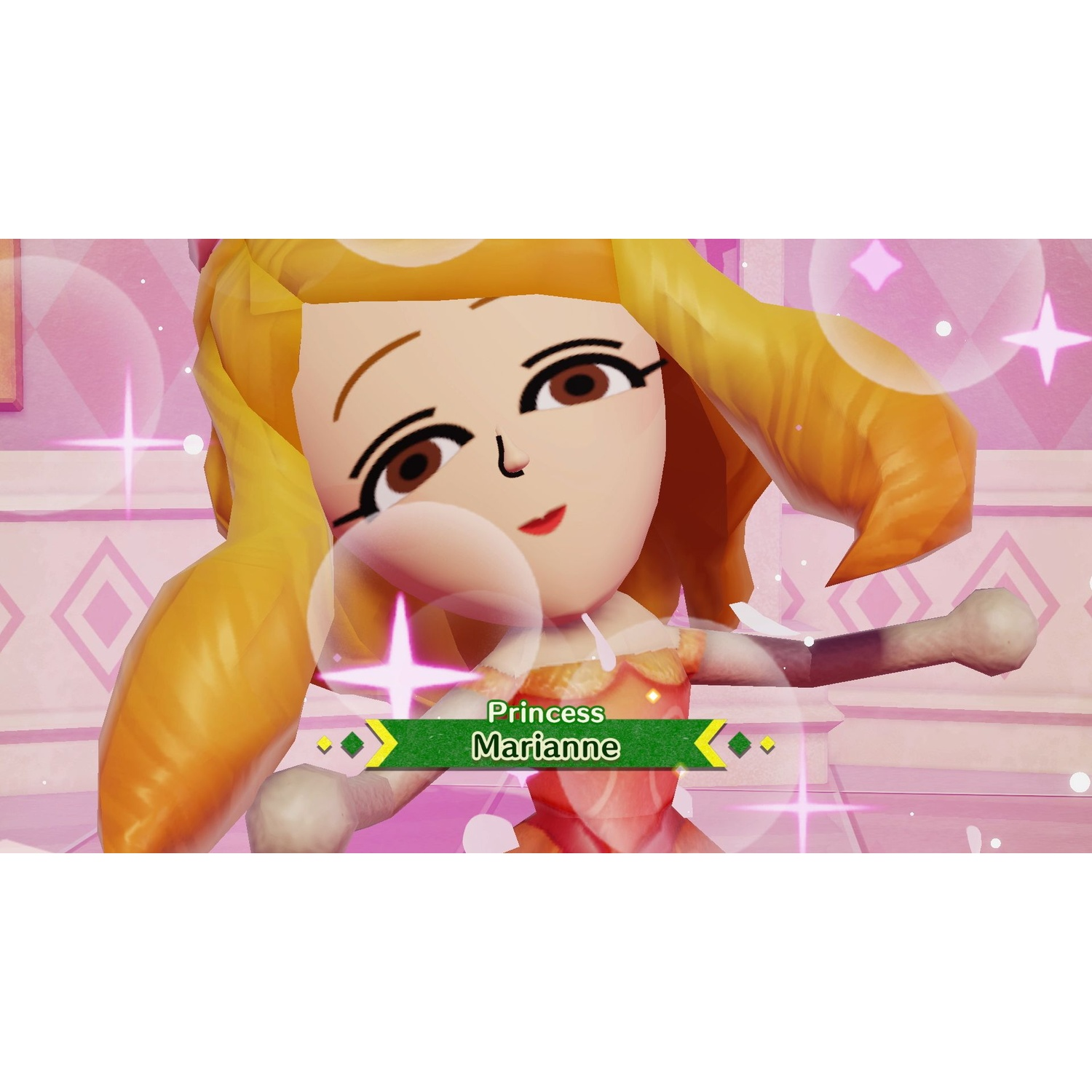 A Mii princess in an orange dress with yellow hair, sparkling.