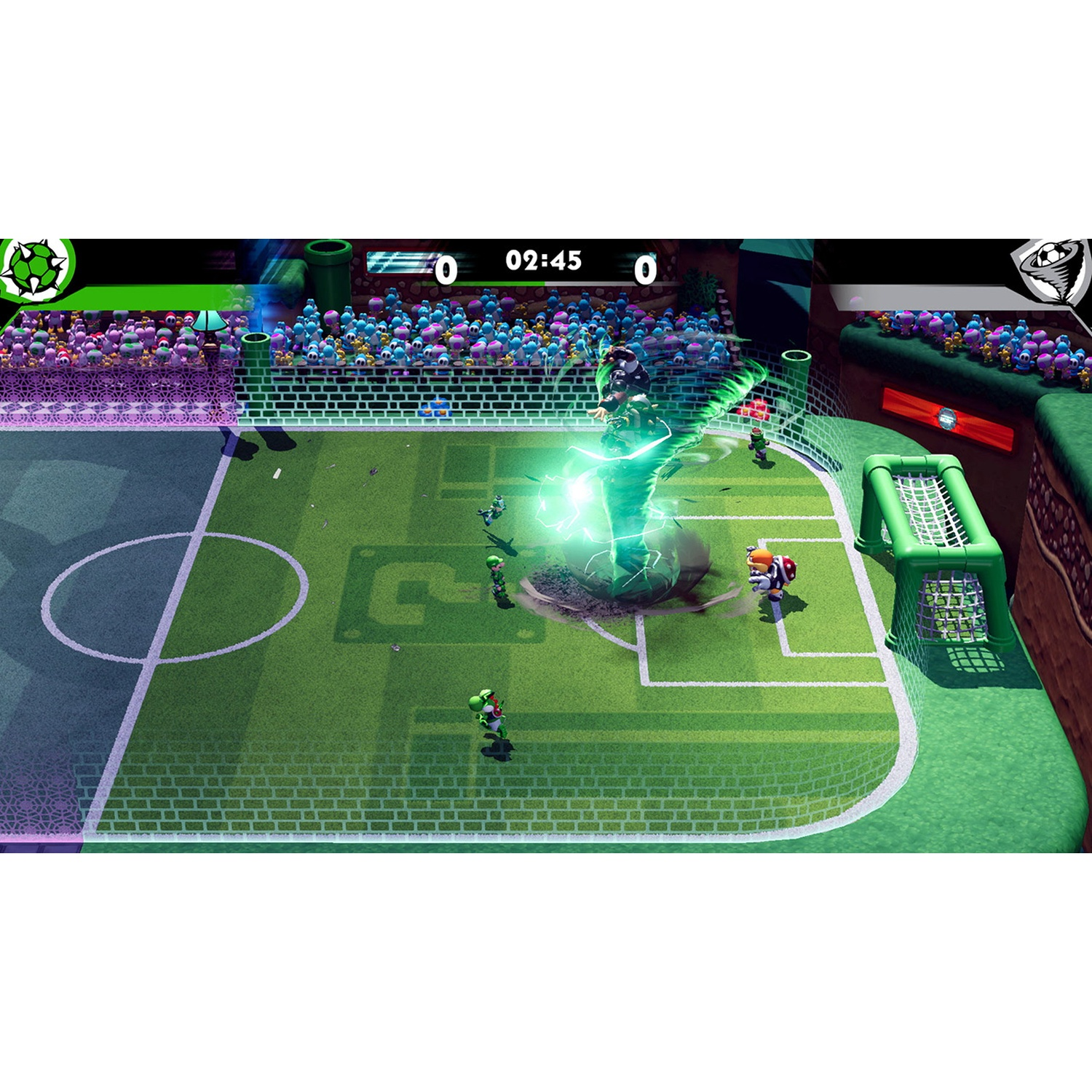 A soccer game with cartoon characters creating a green tornado.