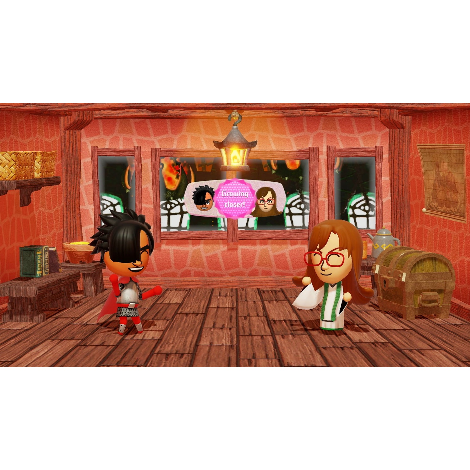 Two Mii characters stand in a rustic room with a wooden floor.