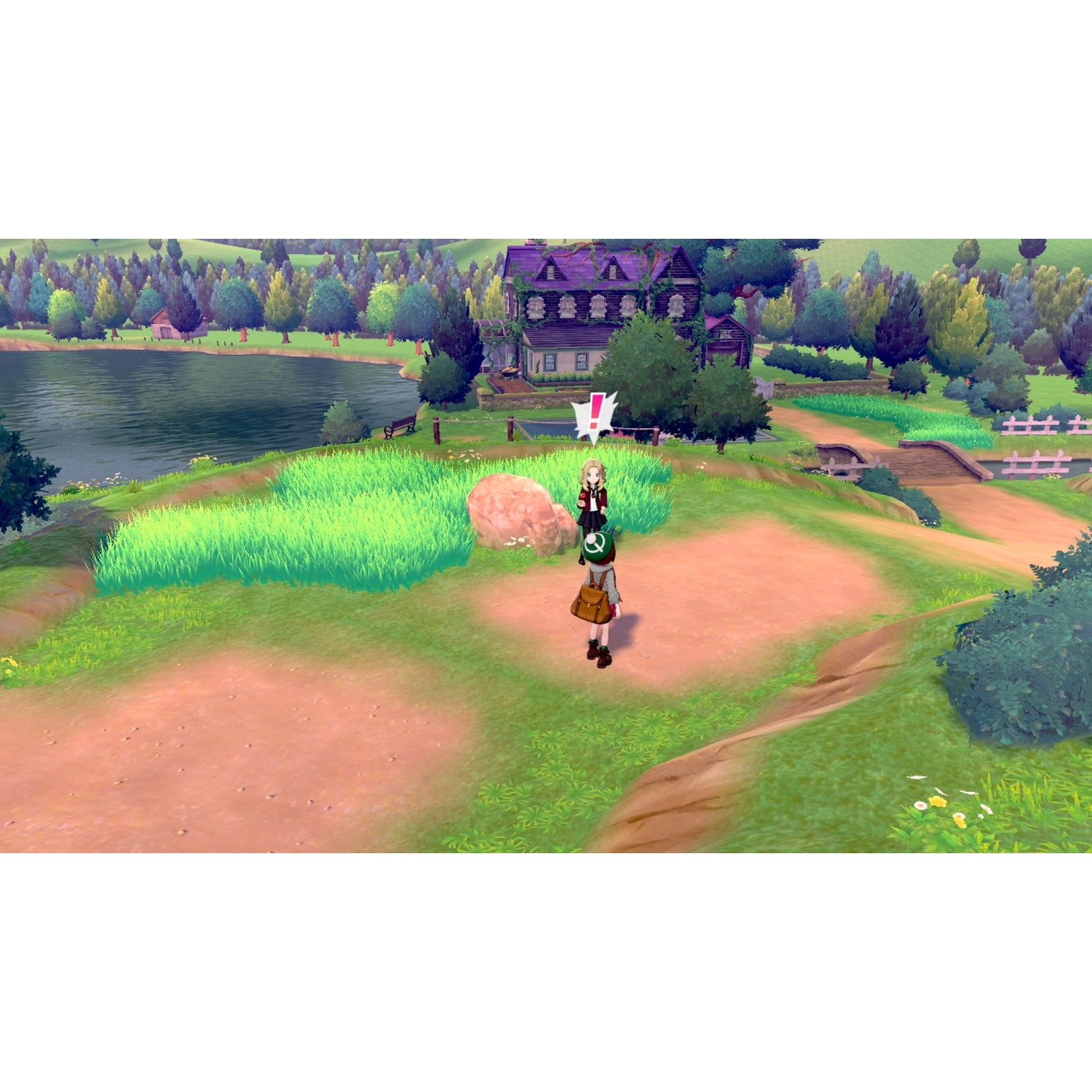 Two characters stand on a field before a house, with a lake and trees in the background.