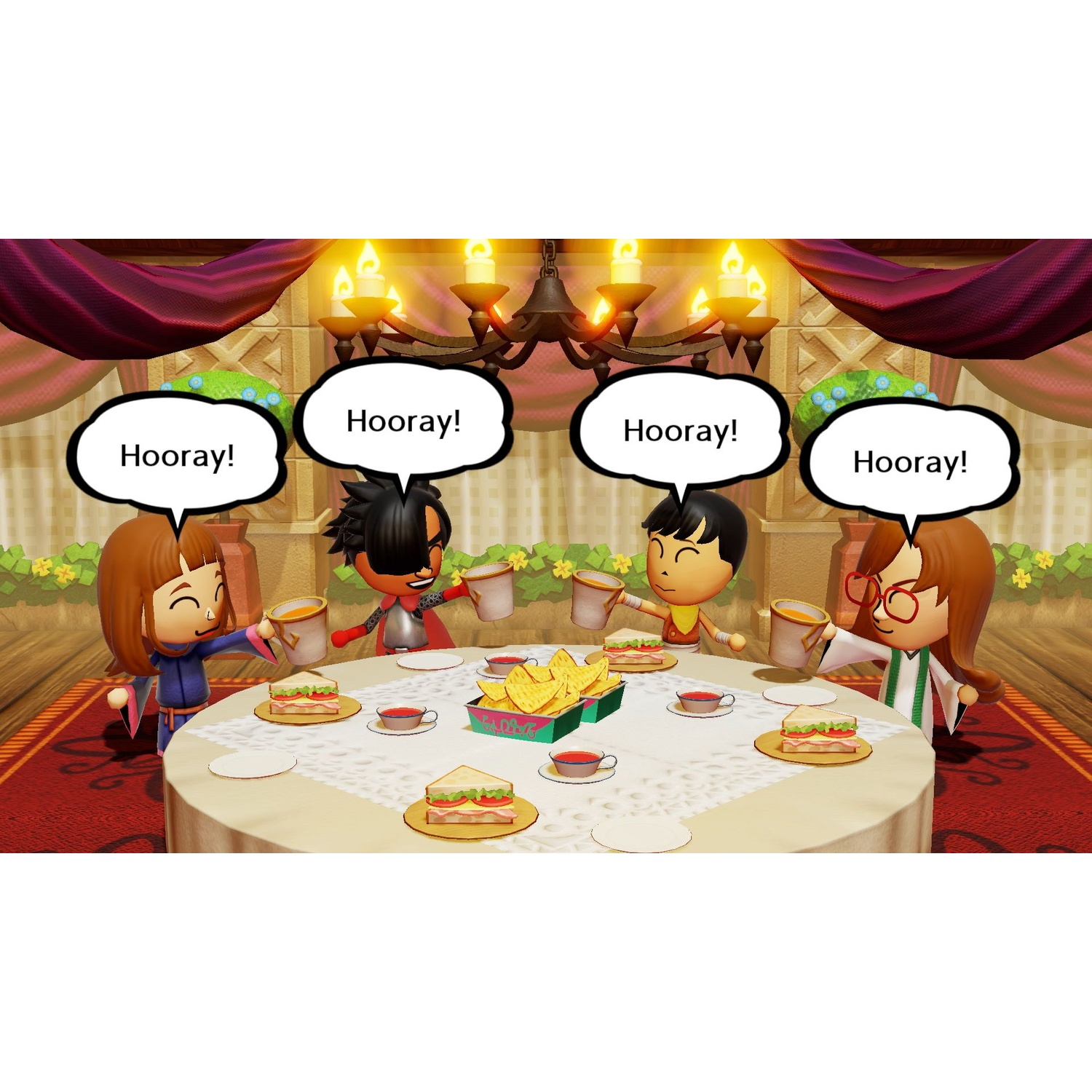 Four characters toast drinks, with sandwiches and chips on the table.