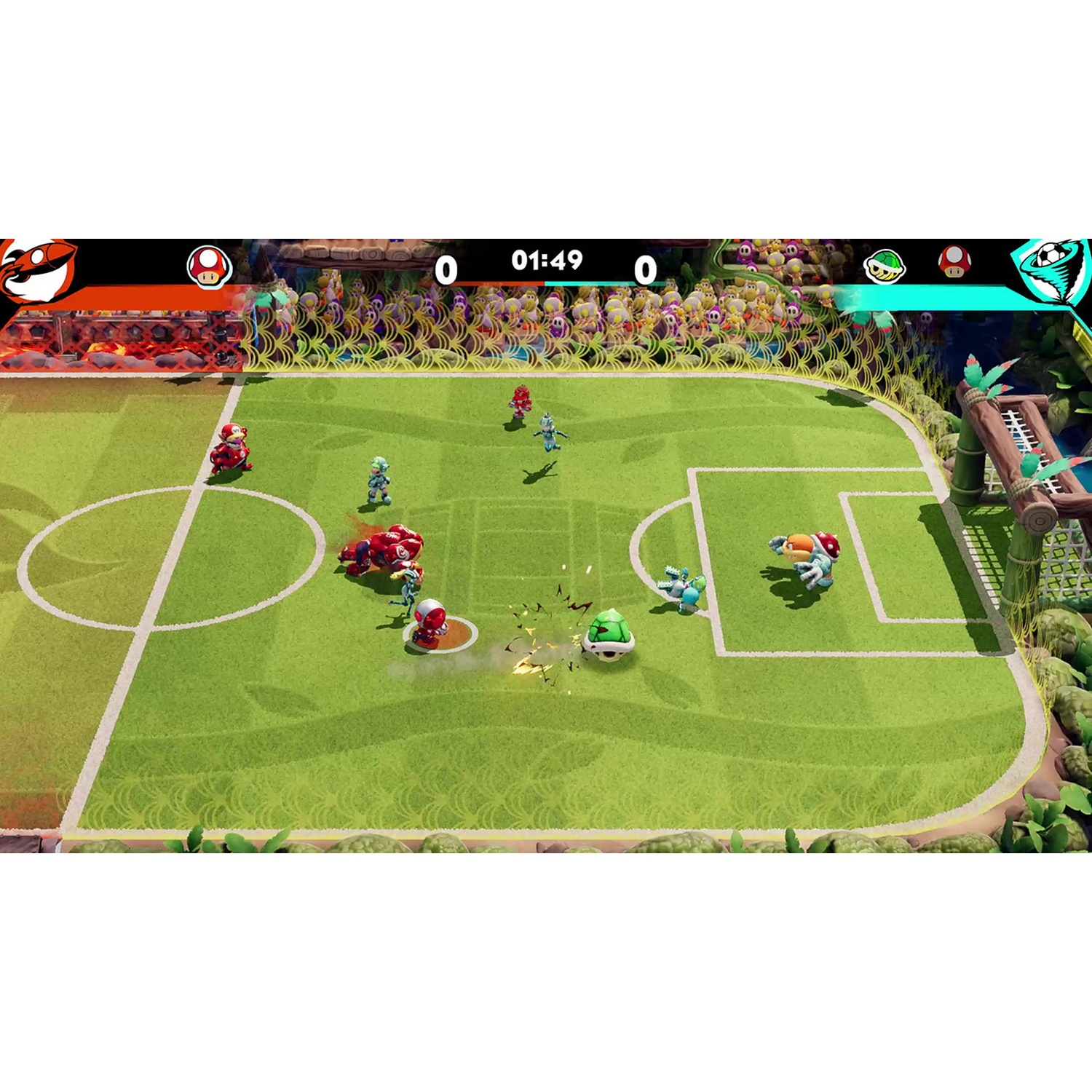 Mario soccer game with characters on green field, scoreboard at top.