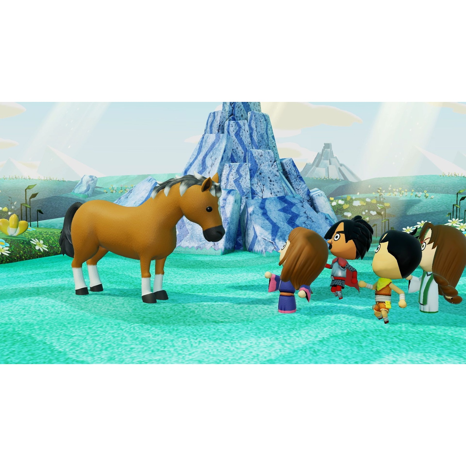 A brown horse stands on a green field with a group of figures in the background.